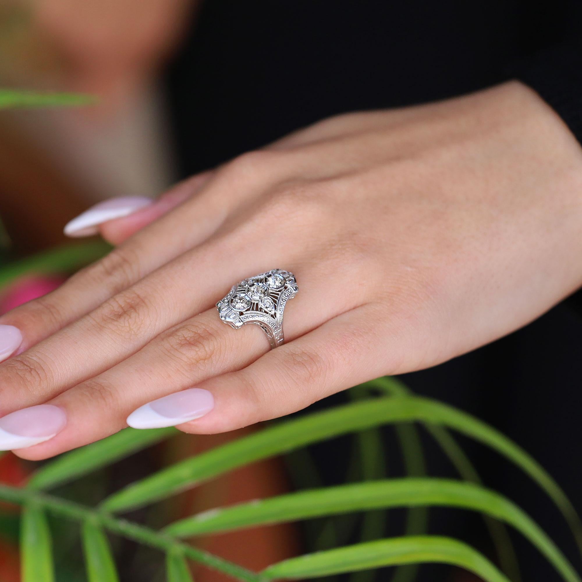 Antique Edwardian Filigree Old Mine Cut Diamond Engagement Ring