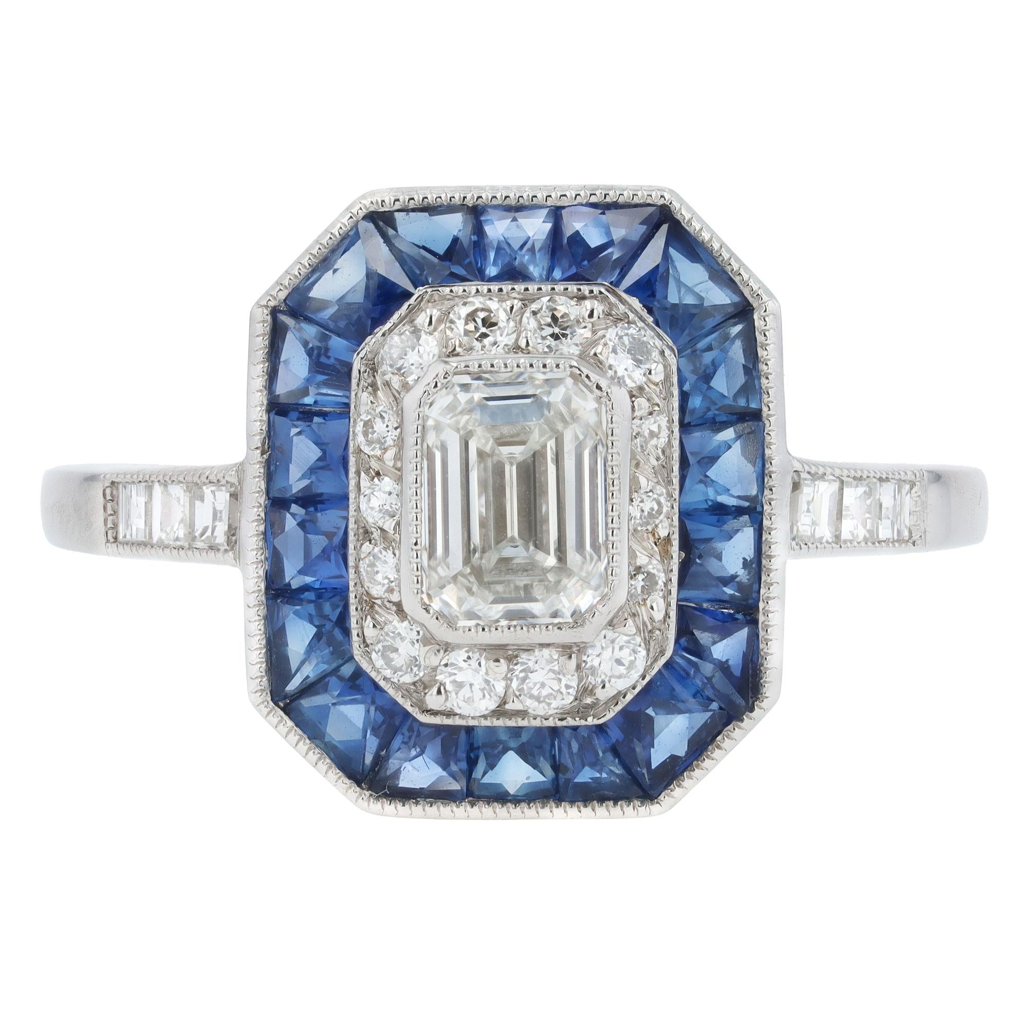 1/2 Carat Emerald Cut Diamond Art Deco Style Sapphire Halo Engagement Ring