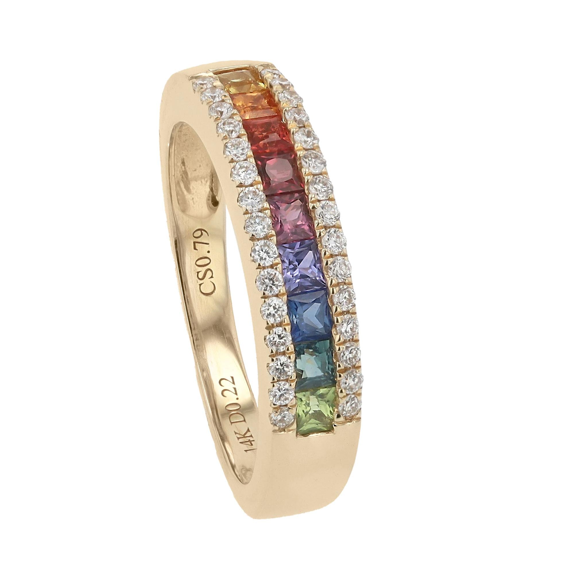 Rainbow Sapphire Multi Color and Diamond Wedding Band 3 Row Ring