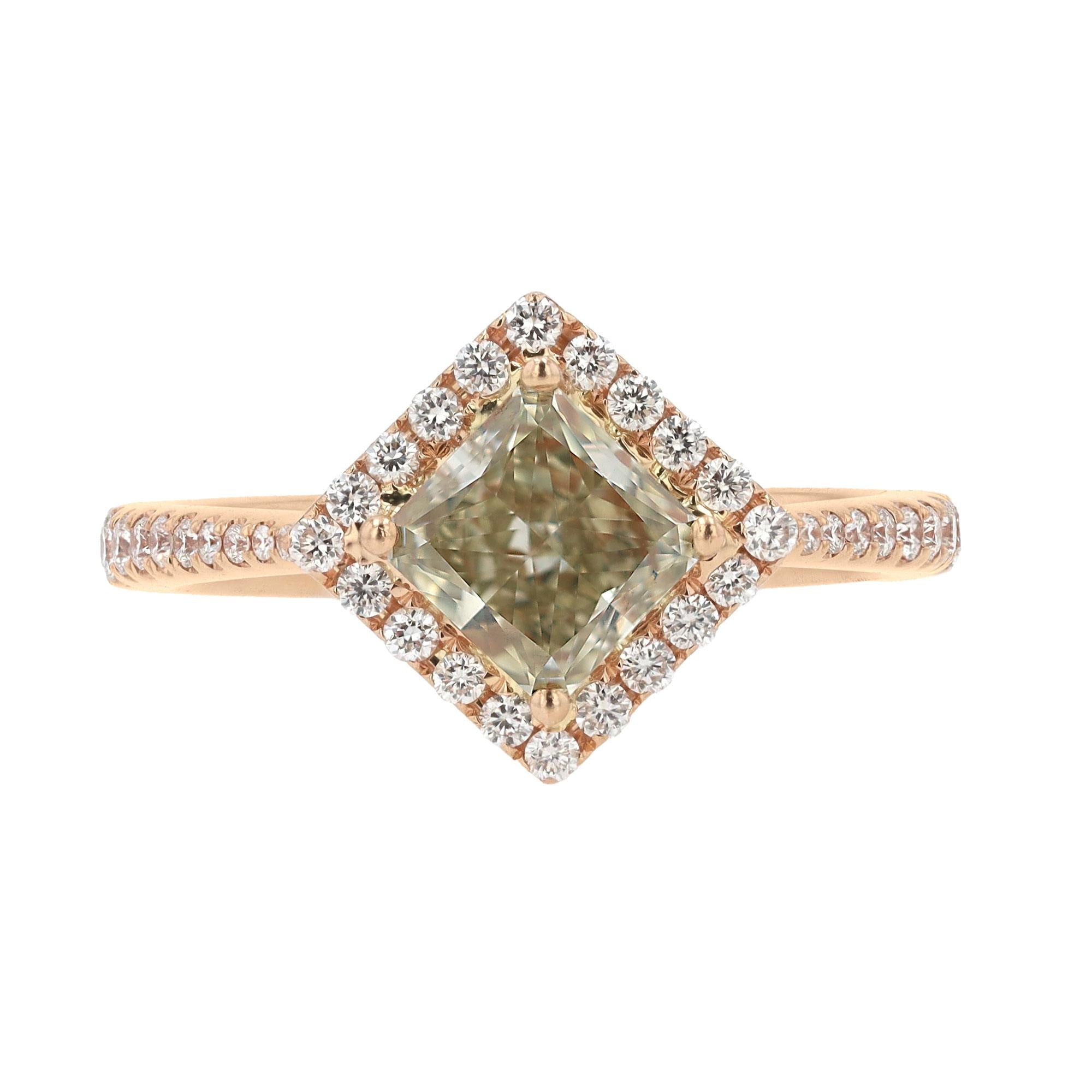 Vintage 1.03 Carat Fancy Green Yellow Diamond Rose Gold  Engagement Ring