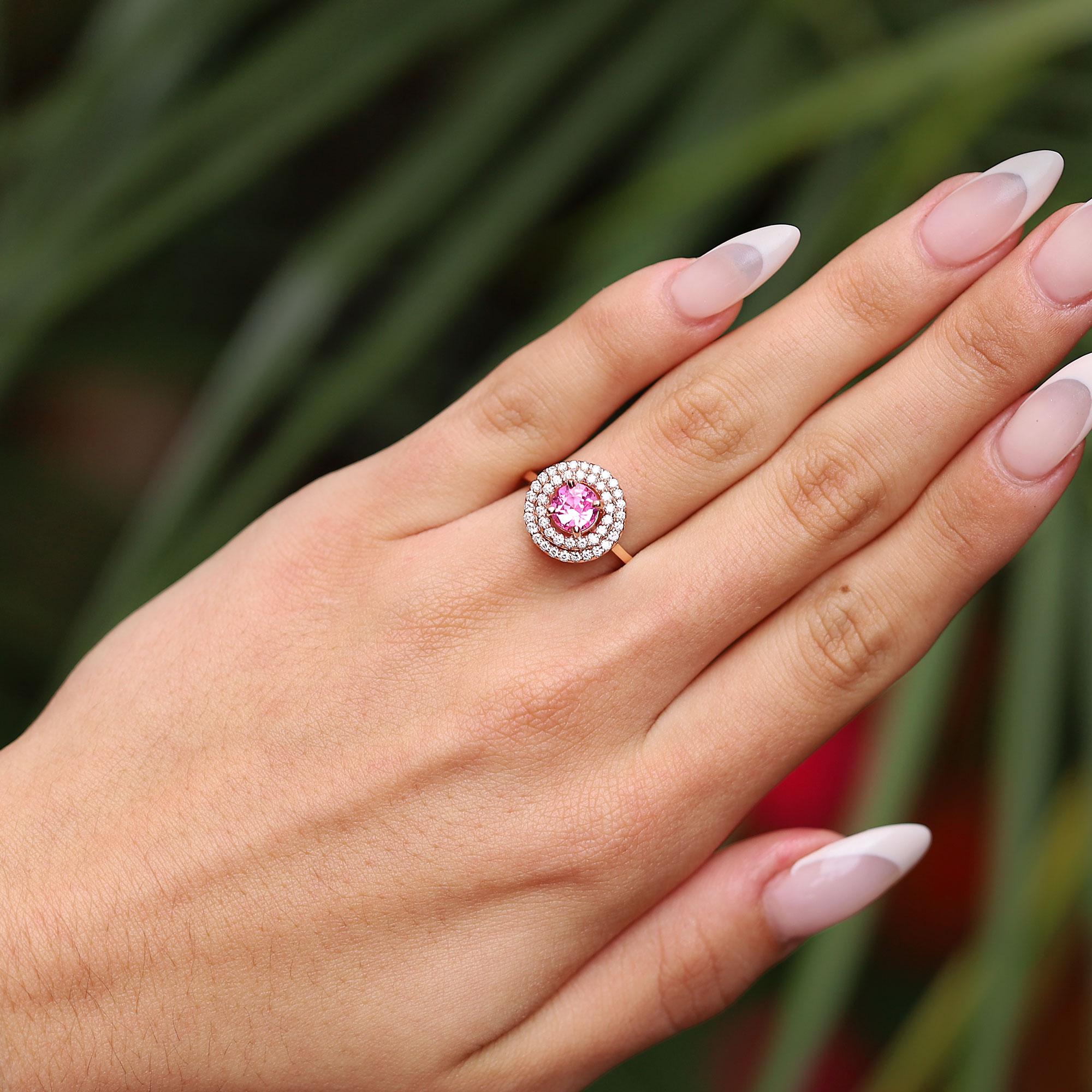 New Barbie Pink Sapphire and Diamond Double-Halo Engagement Ring