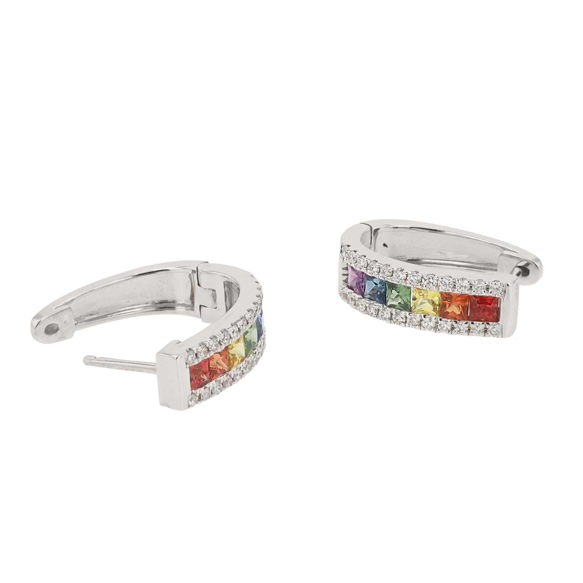 Rainbow Multi Color Sapphire & Diamond 14k White Gold Earrings