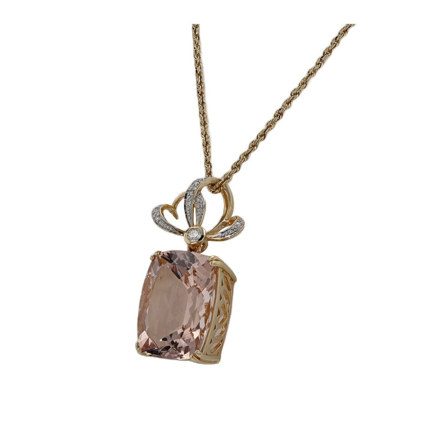 15 Carat Morganite & Diamond Yellow Gold Rope Necklace