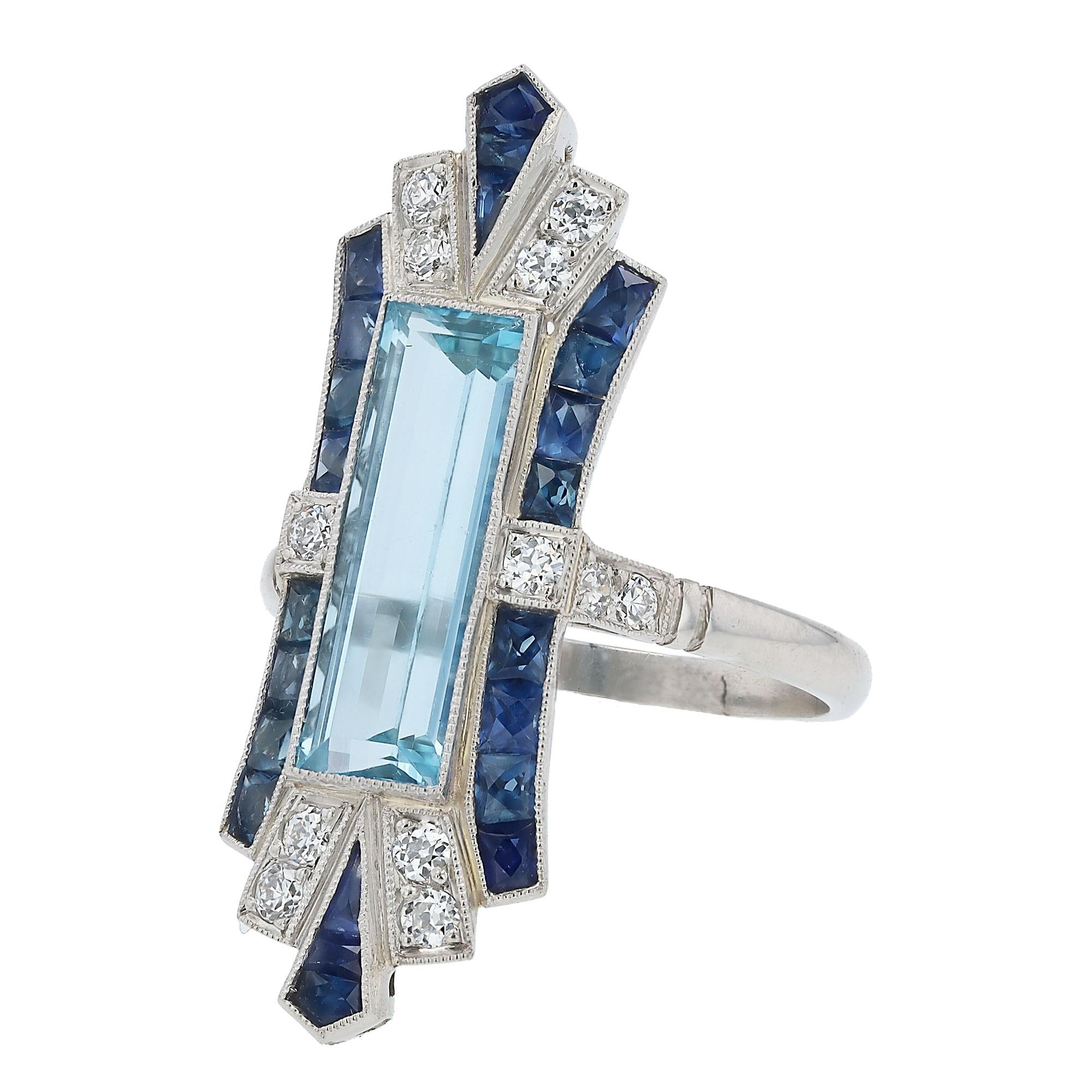 Art Deco Style Aquamarine Sapphire and Diamond Elongated Cocktail Ring