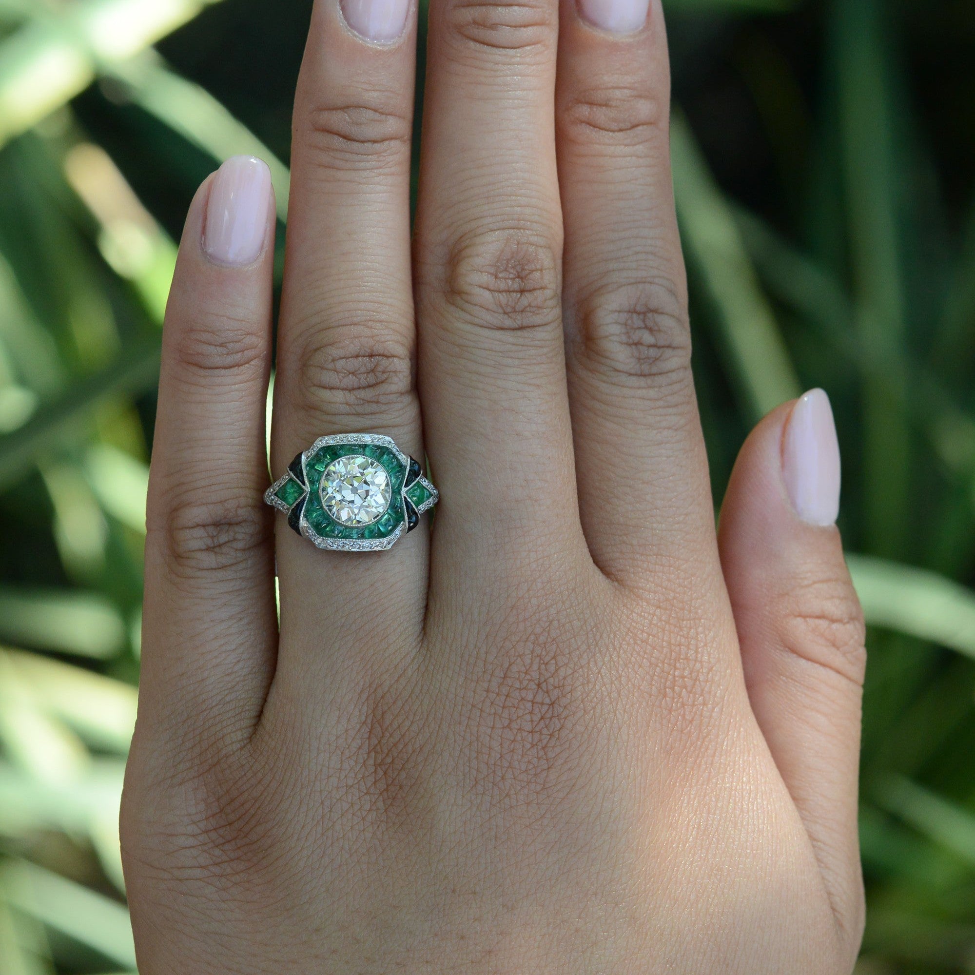 2 Carat Old European Cut Diamond Emerald Onyx Engagement Ring