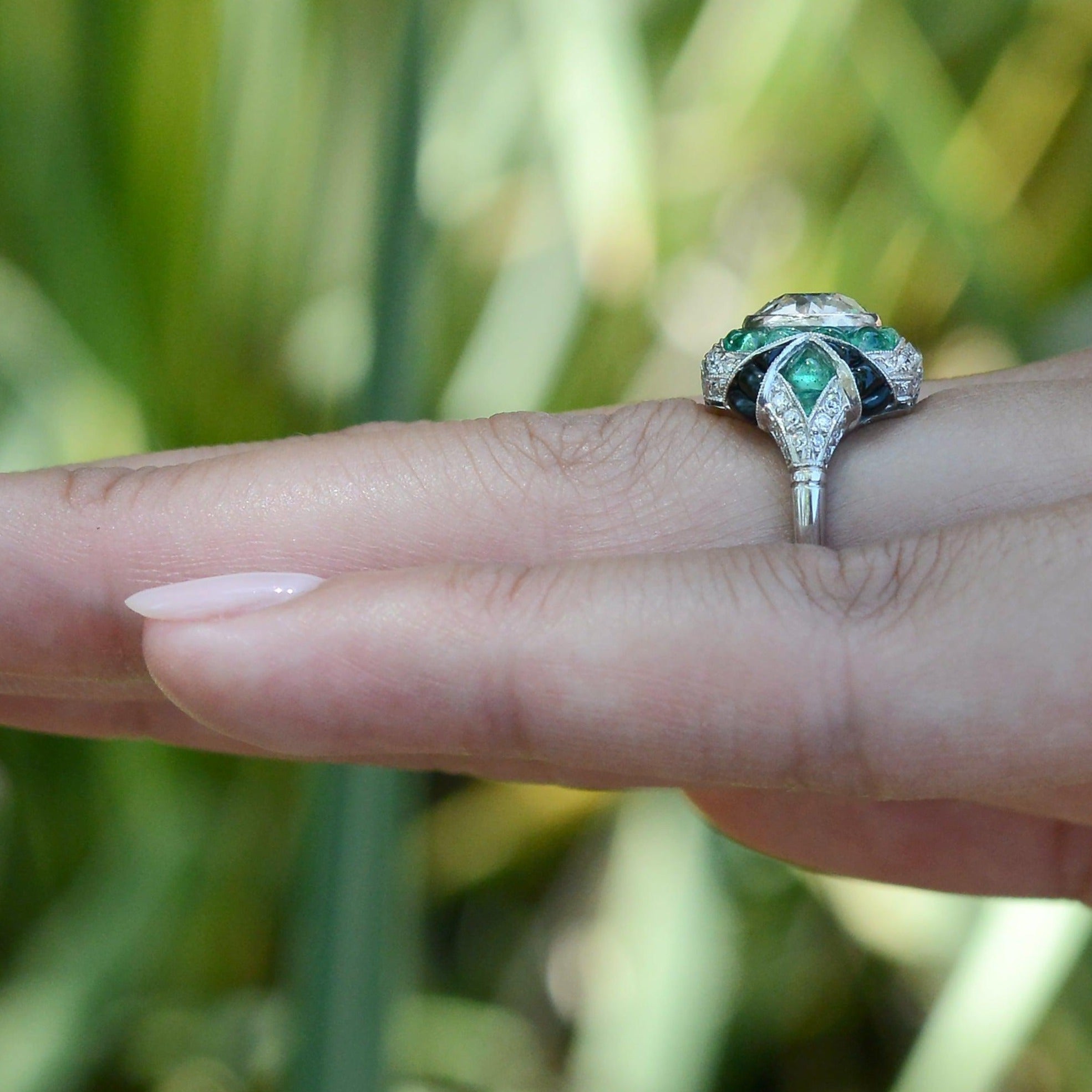 2 Carat Old European Cut Diamond Emerald Onyx Engagement Ring