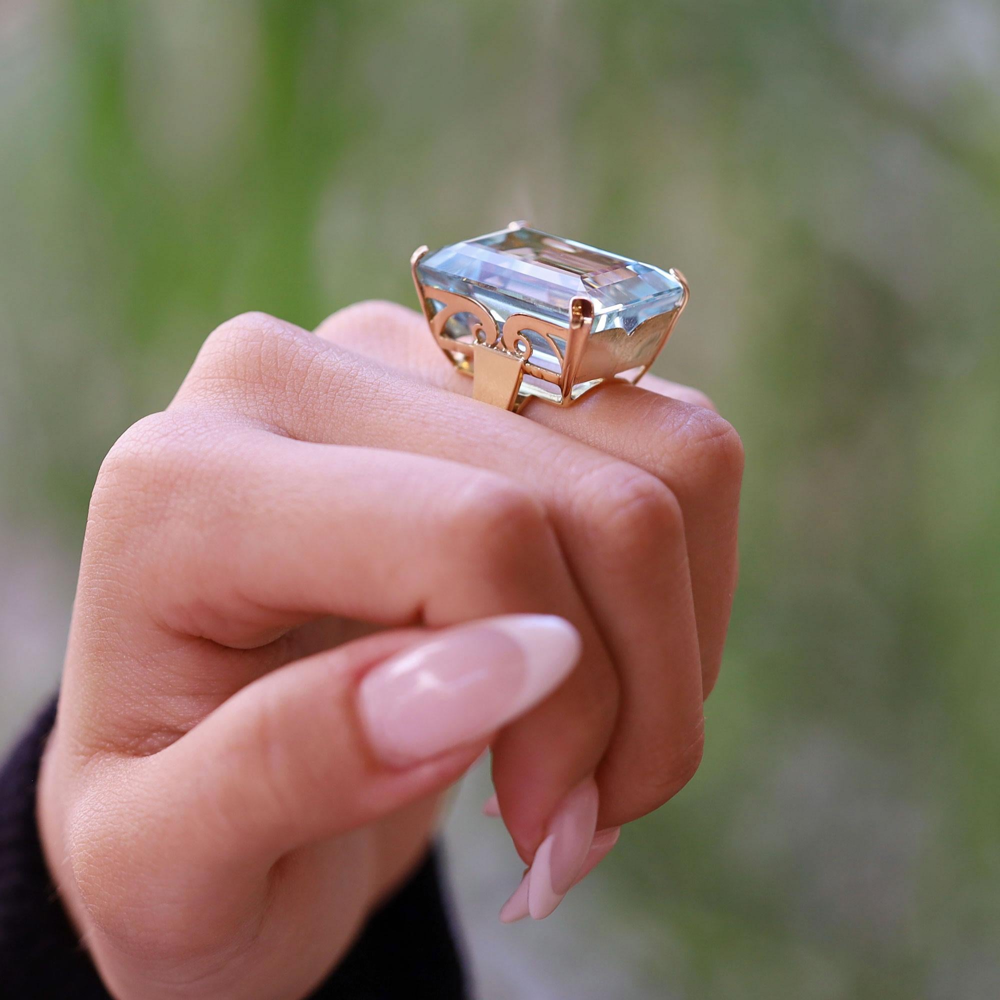 Estate 1930s Retro 50 Carat Emerald Cut Aquamarine Cocktail Ring