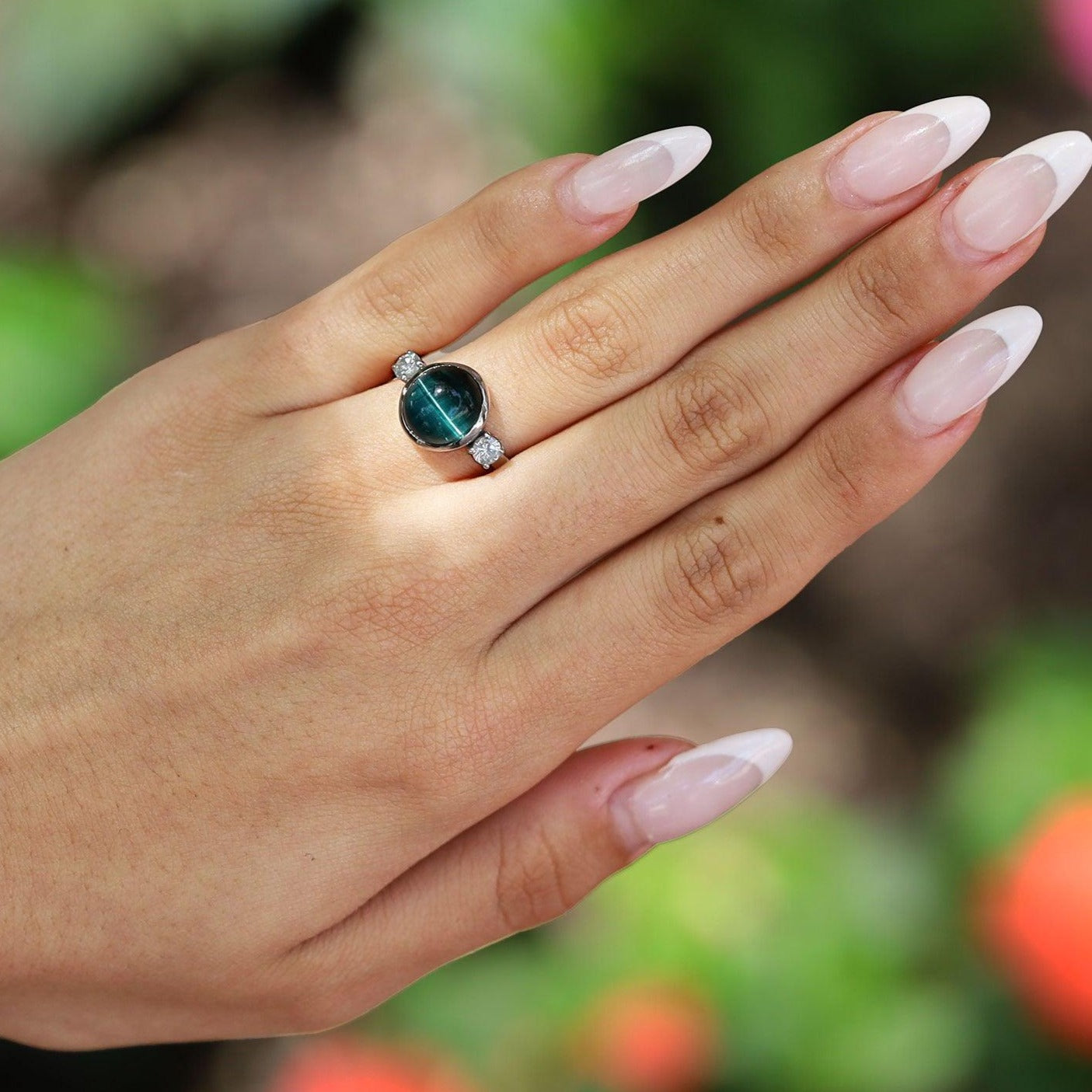 Indicolite Cats Eye & Diamond 18K White Gold Ring