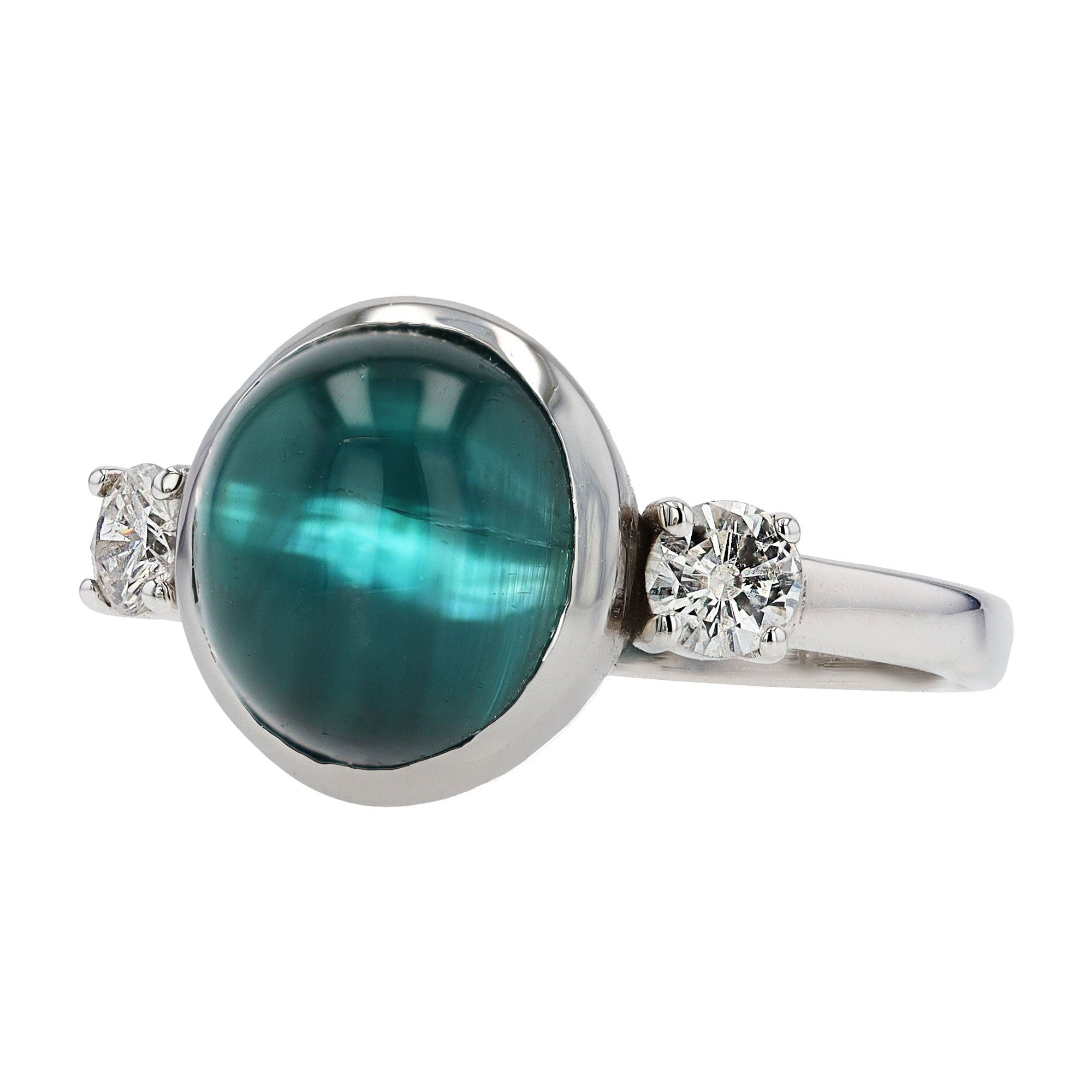 Indicolite Cats Eye & Diamond 18K White Gold Ring