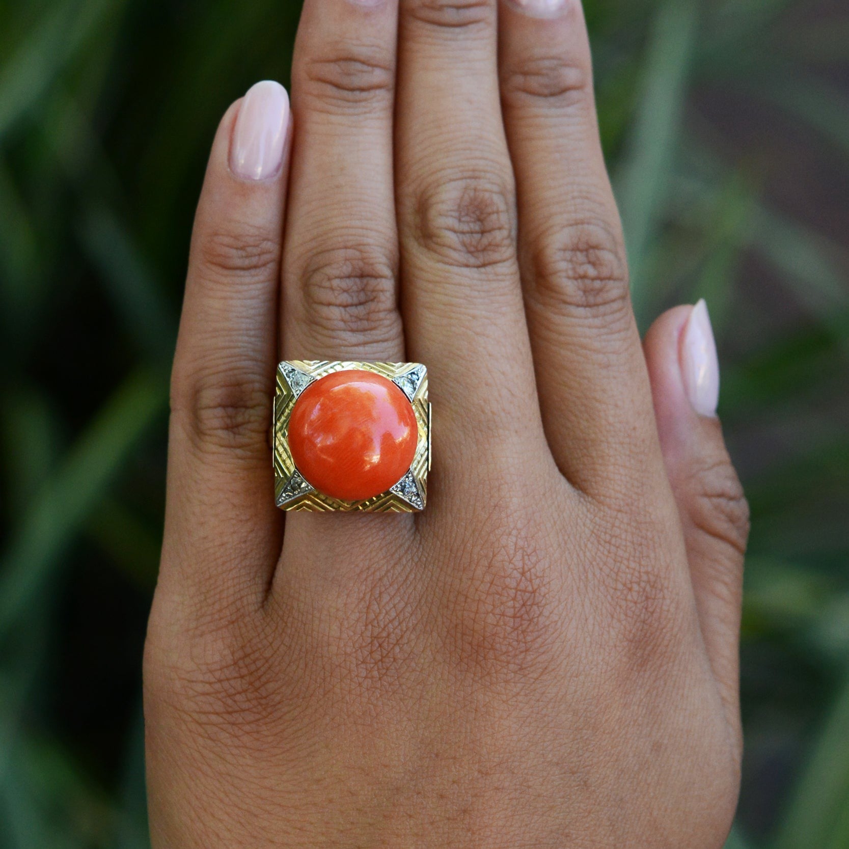 Retro Large Coral & Diamond Cocktail Ring