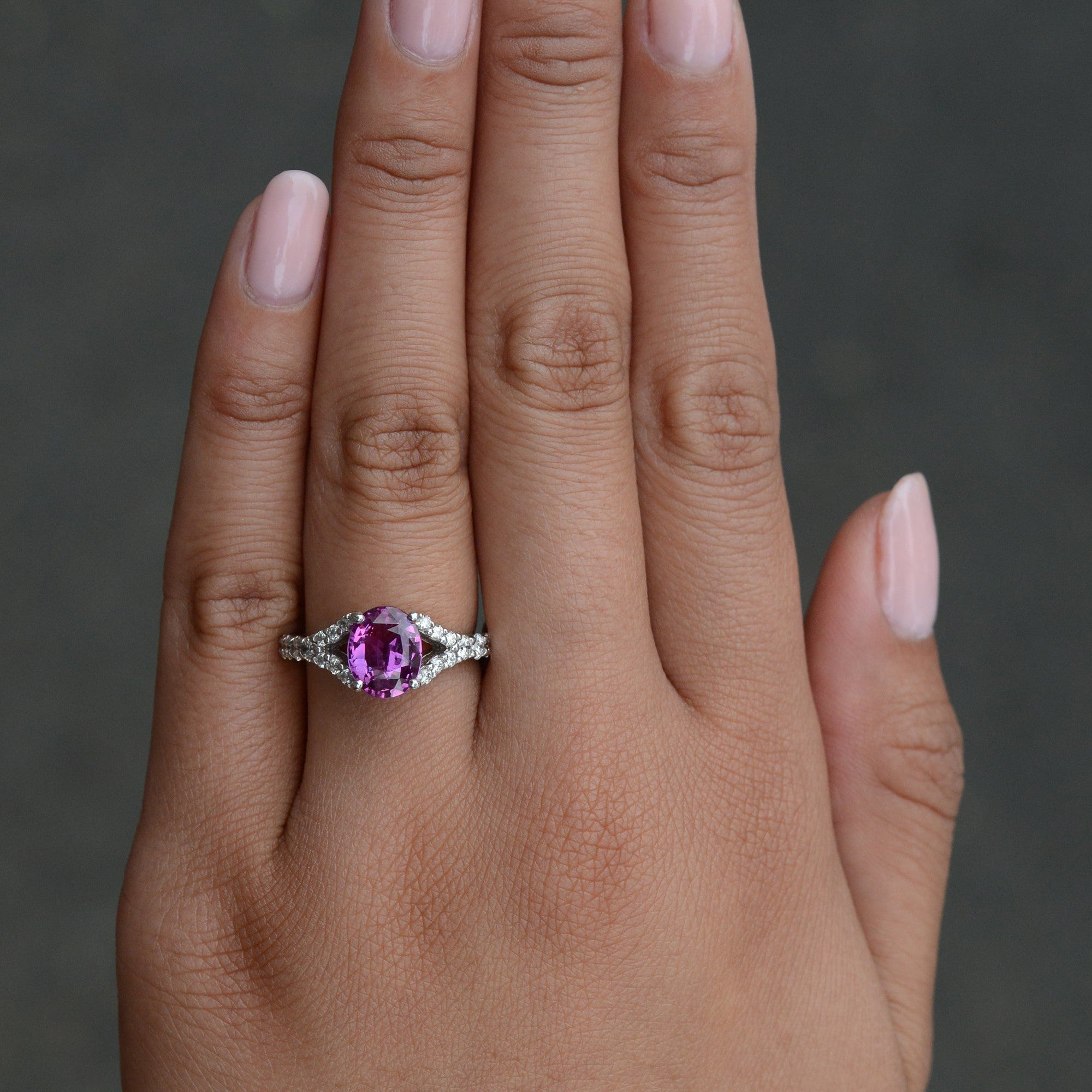 Vivid Pink Sapphire & Diamond V Band Engagement Ring