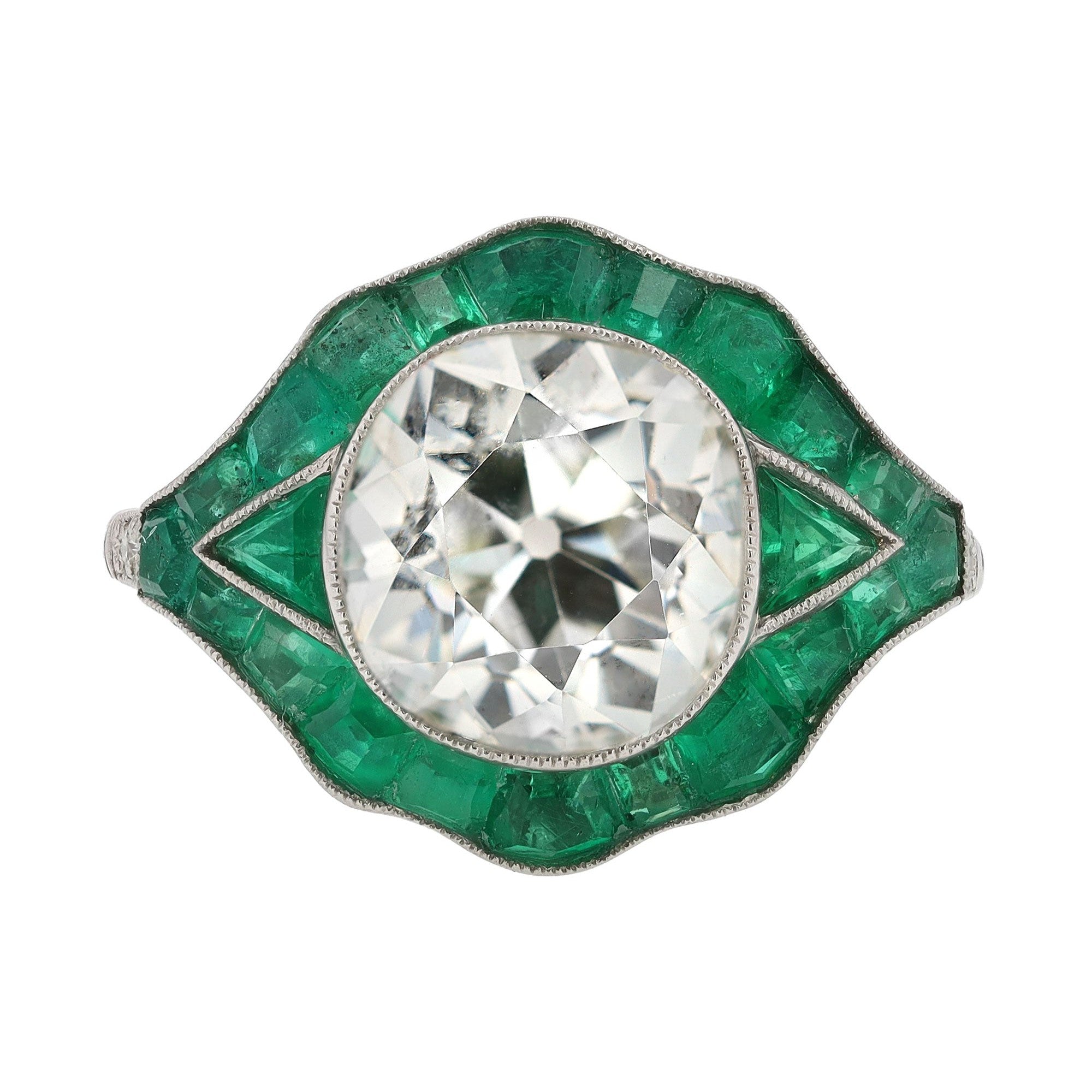 Antique 3.05 Carat Old Mine Cut Diamond & Emerald Platinum Engagement Ring