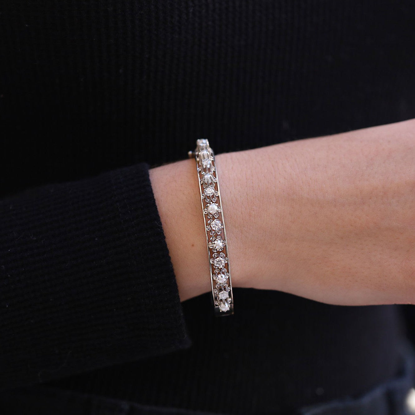 Antique Art Deco Diamond & Pearl Buttercup Bangle Bracelet