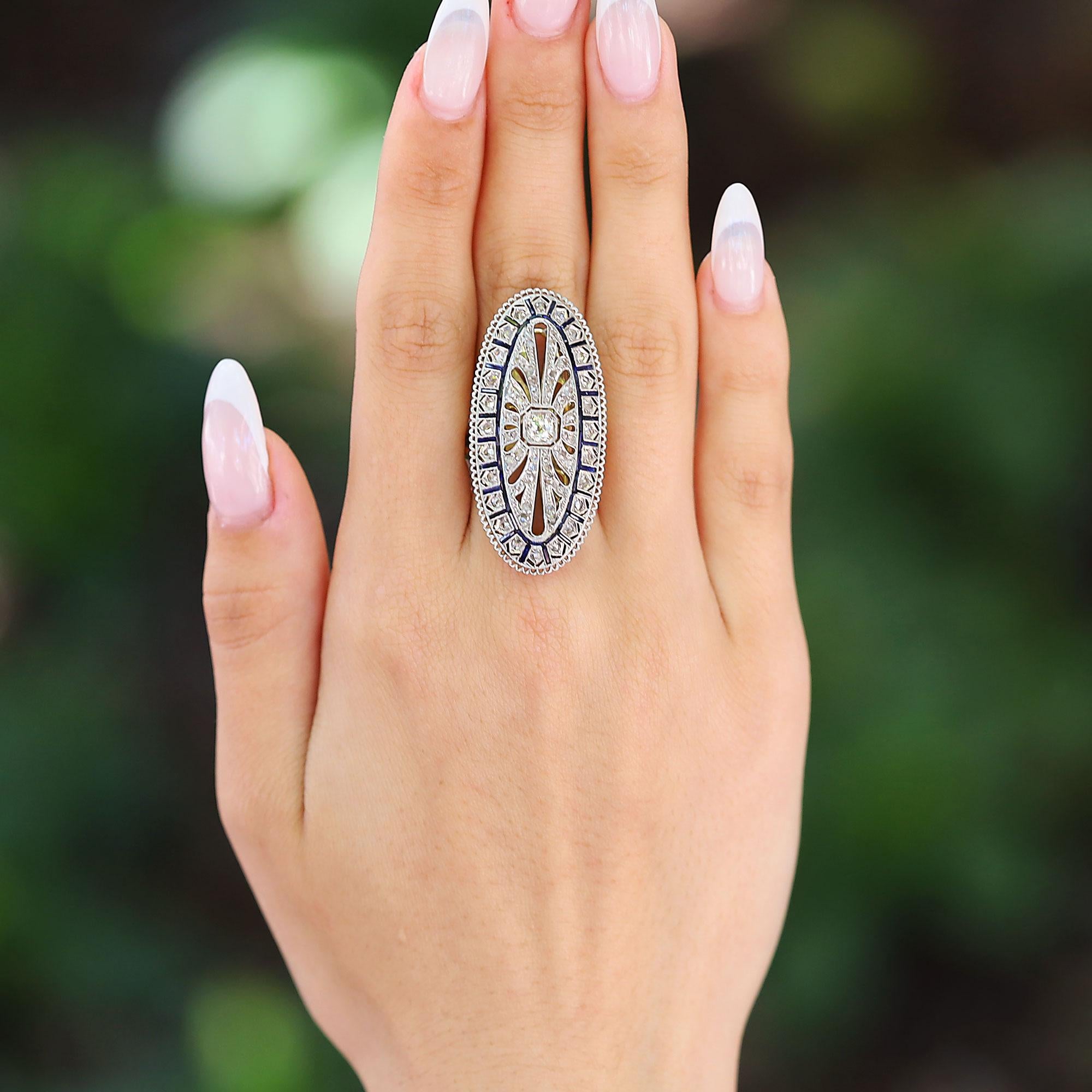 Behemoth Antique Filigree Edwardian Diamond & Sapphire Shield Cocktail Ring