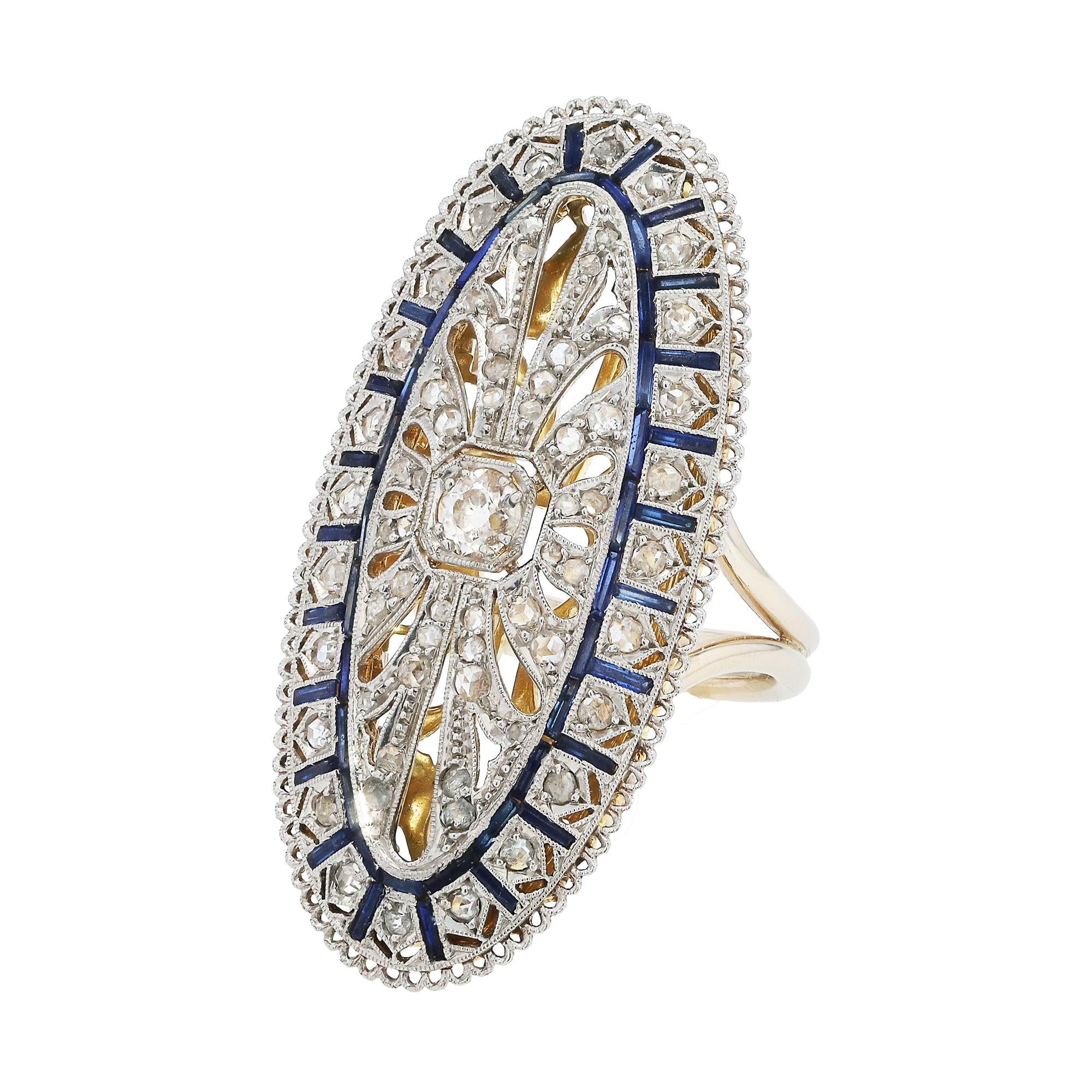 Behemoth Antique Filigree Edwardian Diamond & Sapphire Shield Cocktail Ring