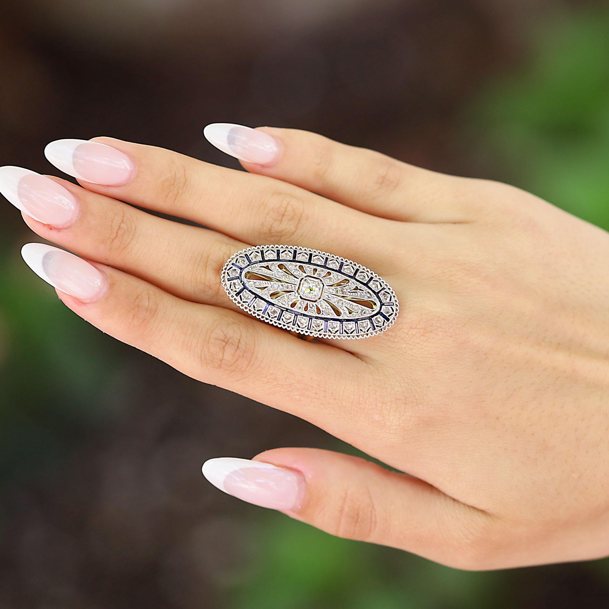 Behemoth Antique Filigree Edwardian Diamond & Sapphire Shield Cocktail Ring