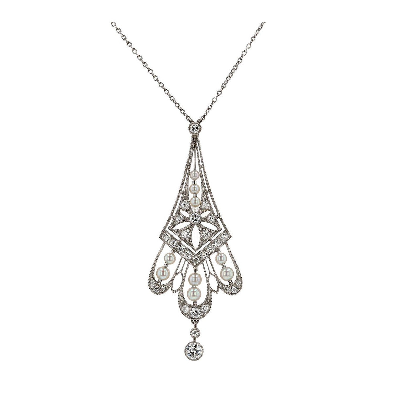 Antique Edwardian Diamond & Pearl Lavalière Platinum Necklace