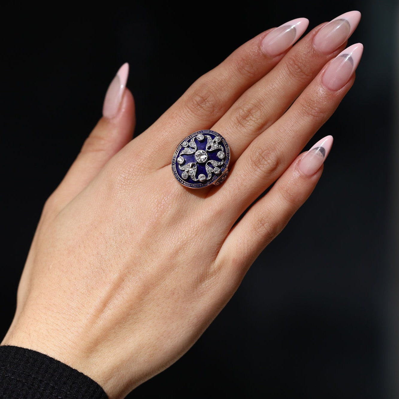 Antique Edwardian Enamel and Diamond Shield Cocktail Ring