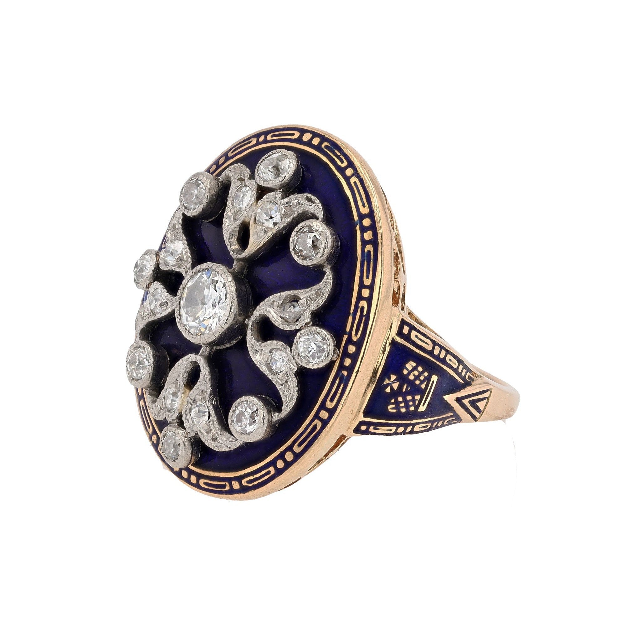 Antique Edwardian Enamel and Diamond Shield Cocktail Ring