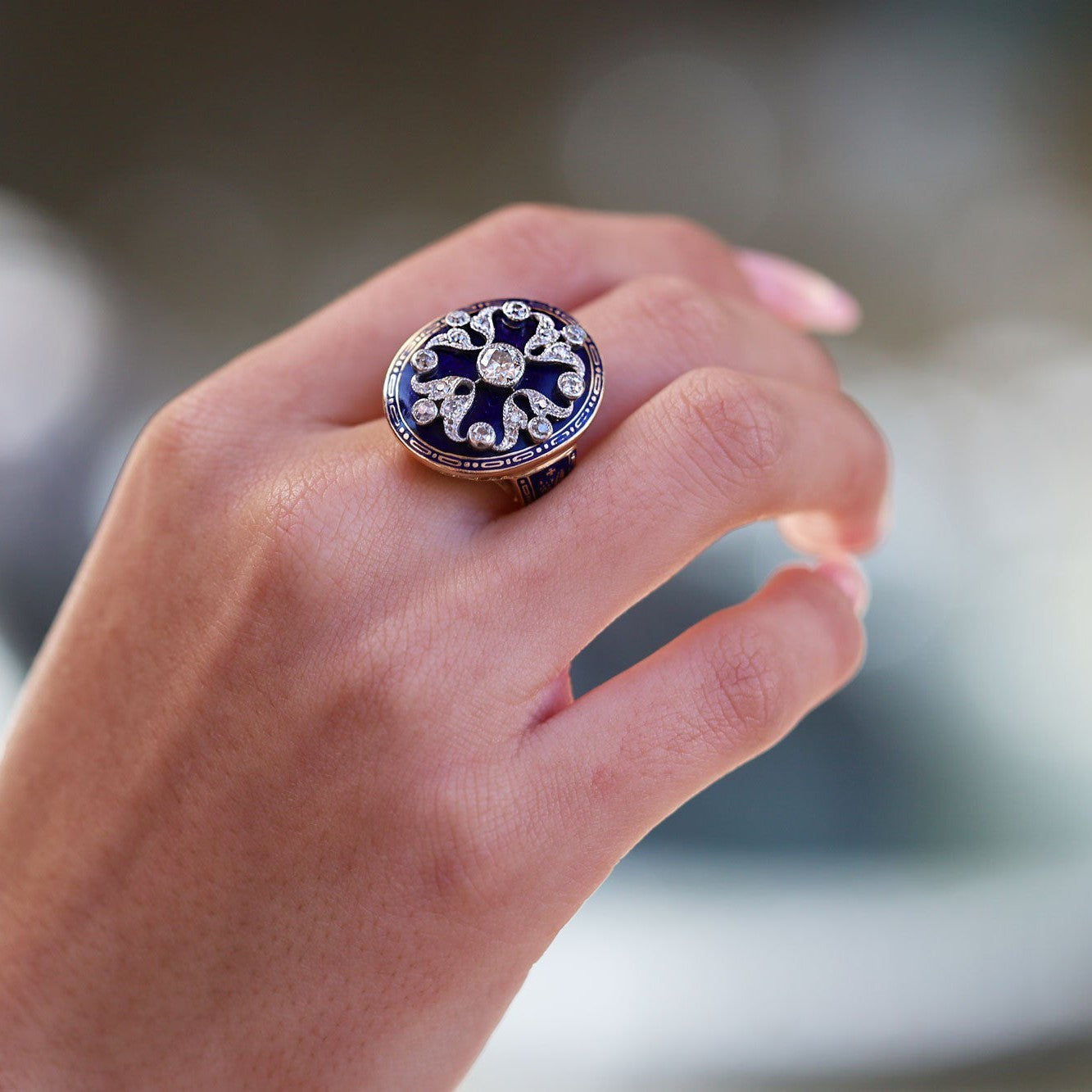 Antique Edwardian Enamel and Diamond Shield Cocktail Ring