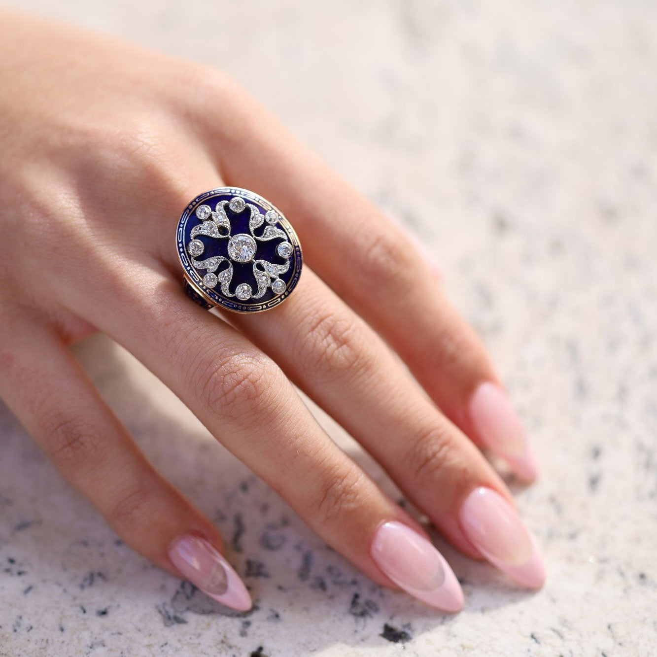 Antique Edwardian Enamel and Diamond Shield Cocktail Ring