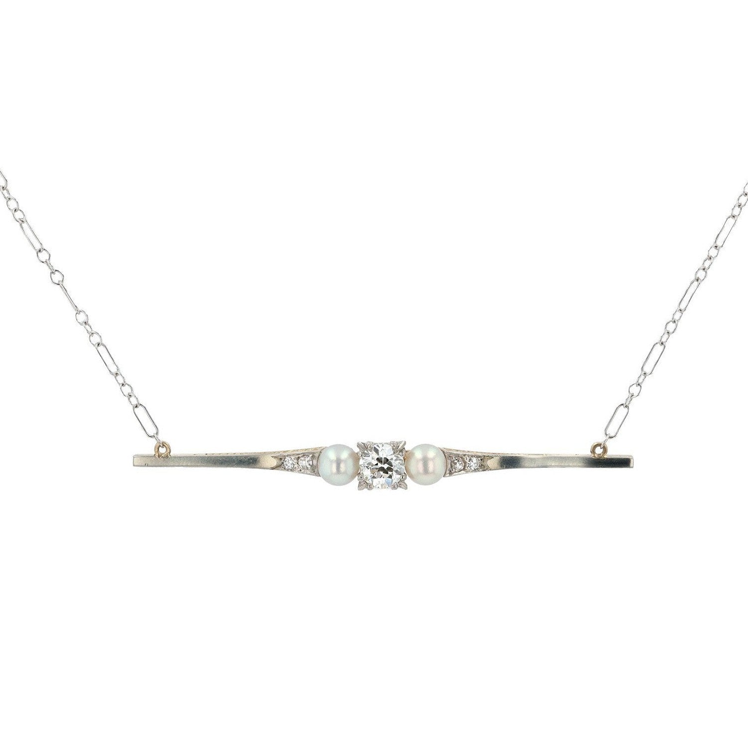 0.65 Carat Old European Cut Diamond Pearl Edwardian Bar Necklace