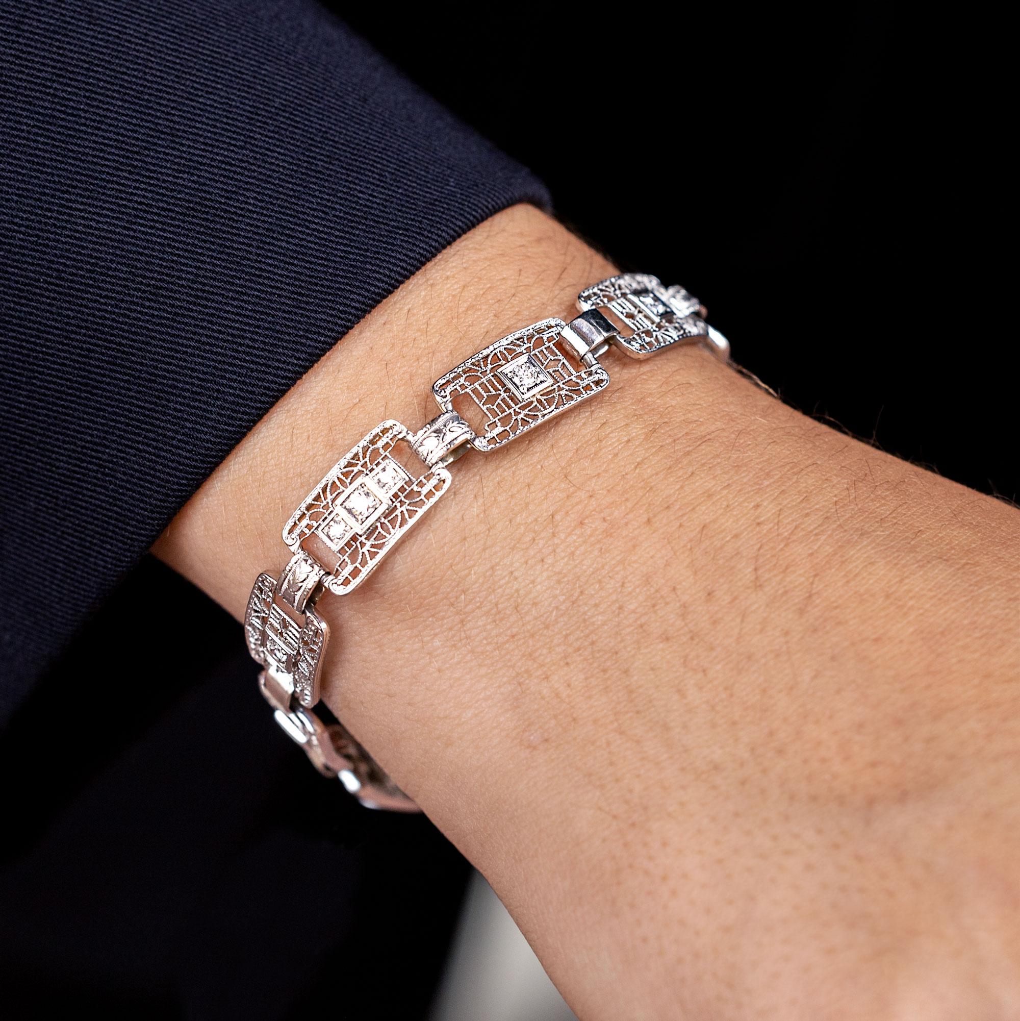 Art Deco Filigree Diamond Platinum and White Gold Link Bracelet