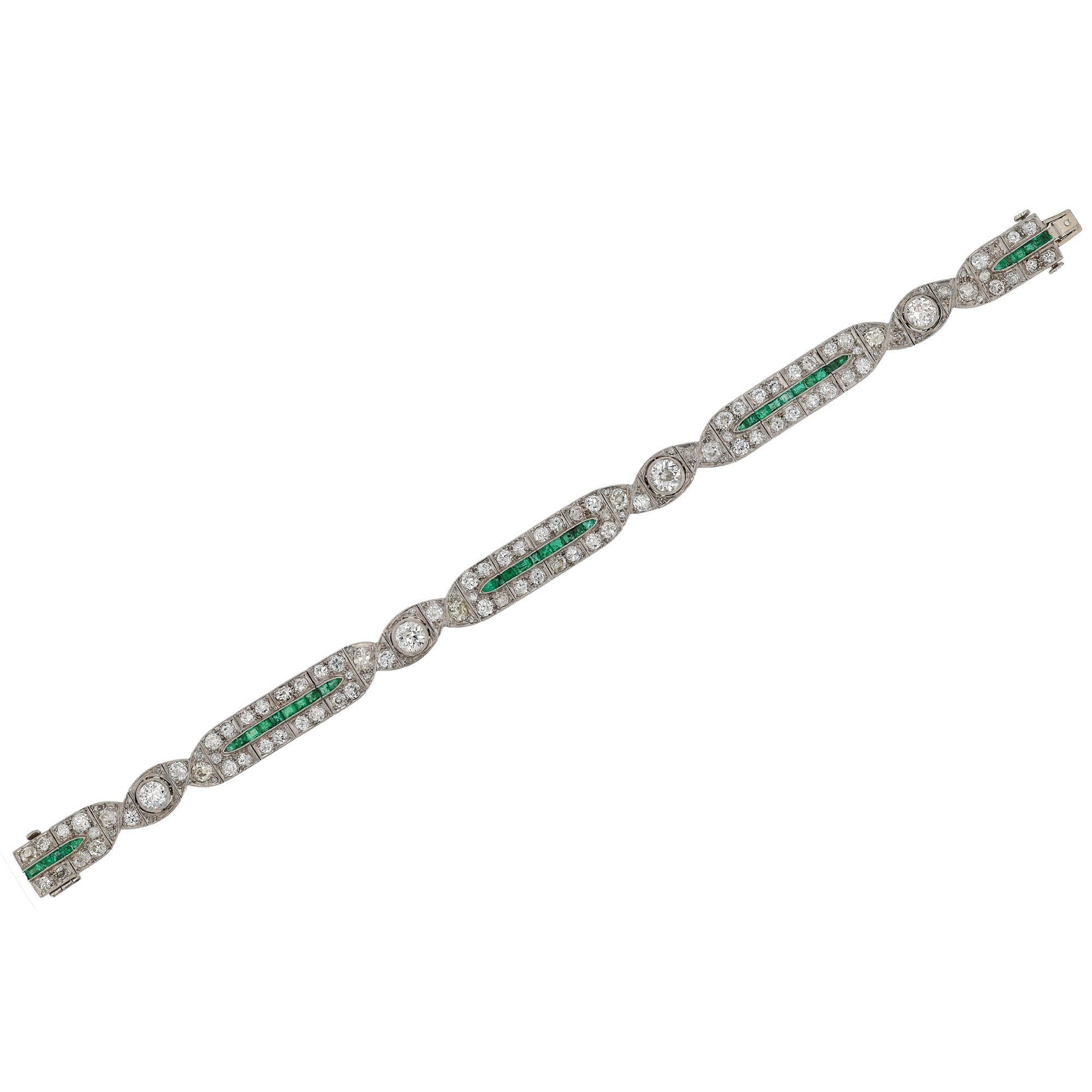 Art Deco Platinum 6 Carat Diamond and Calibré Emerald Bracelet