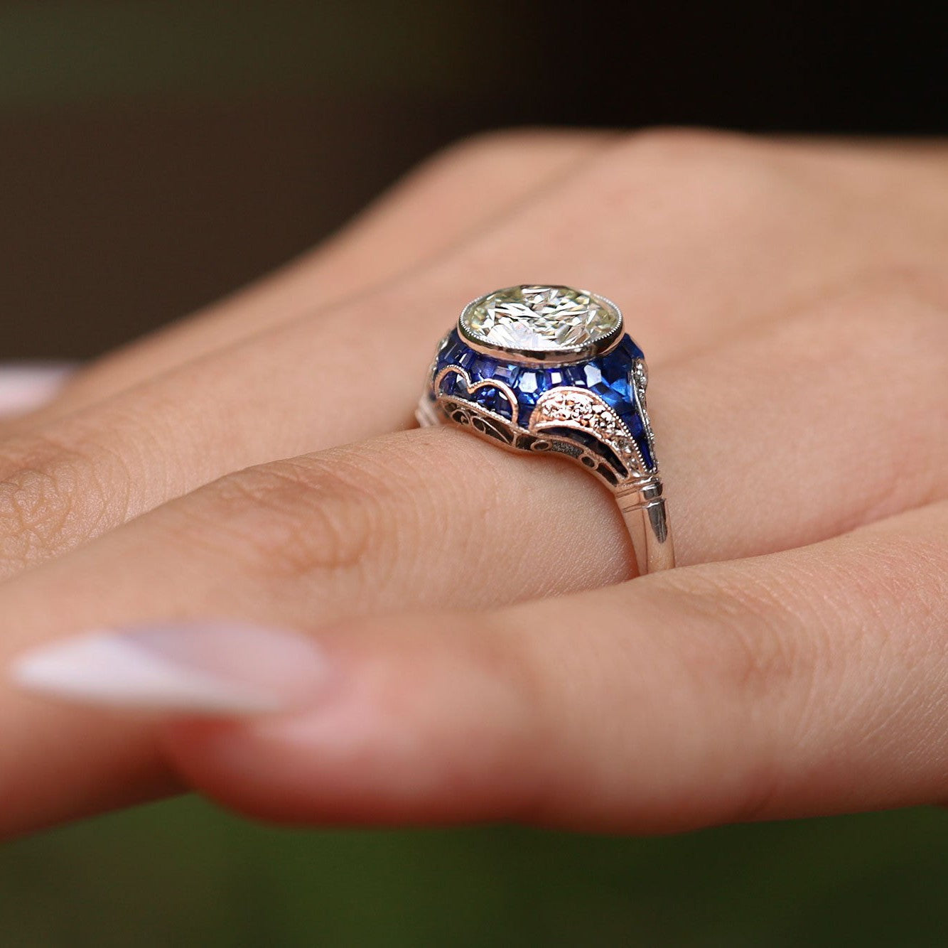 Art Deco Revival 2.34 Carat Diamond & Sapphire Engagement Ring