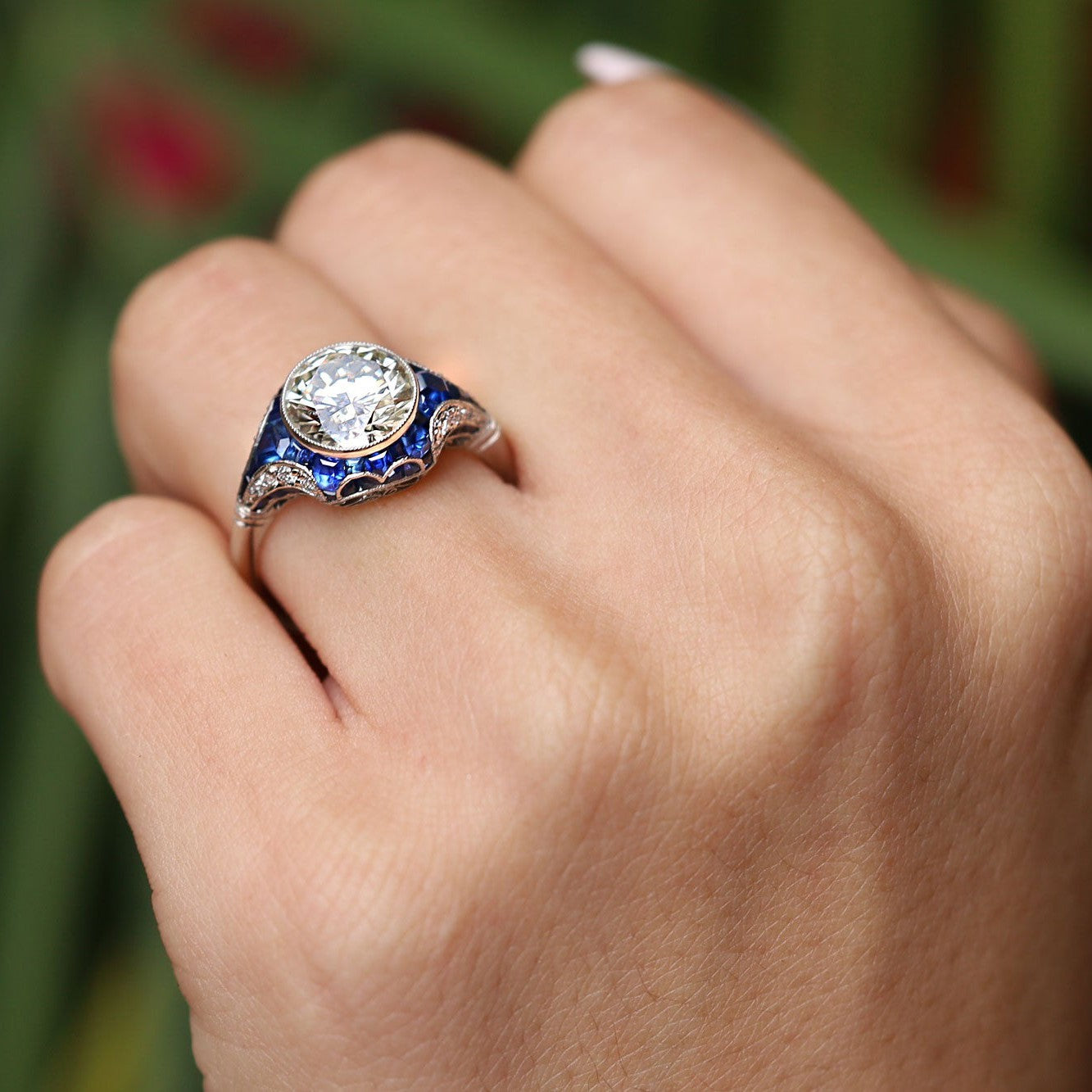 Art Deco Revival 2.34 Carat Diamond & Sapphire Engagement Ring