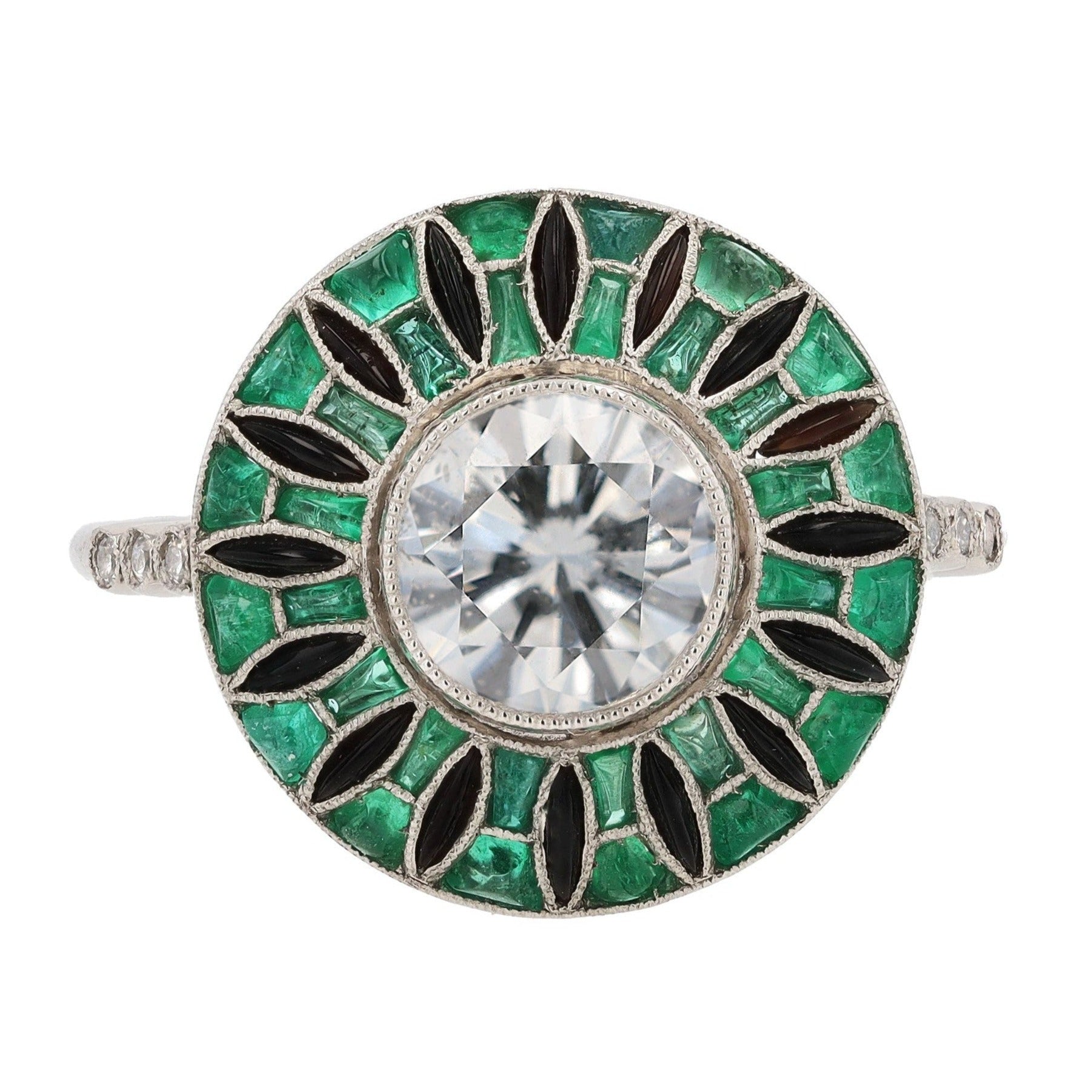 Art Deco Roulette Wheel GIA Certified Diamond Emerald & Onyx Engagement Ring