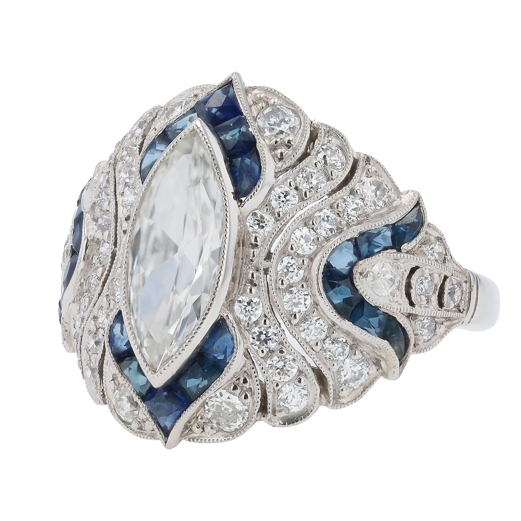 Art Deco Style 1.10 Carat Marquise Diamond & Sapphire Cocktail Ring