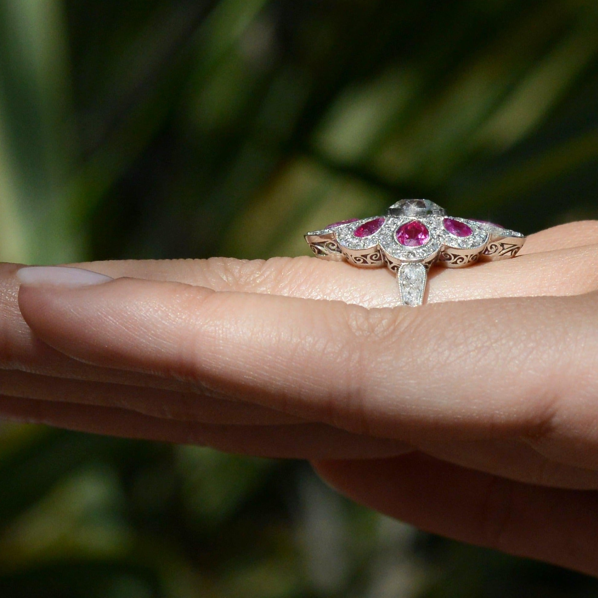 Art Deco Style 1.47 Carat Old Mine Cut Diamond Pink Sapphire Cocktail Ring