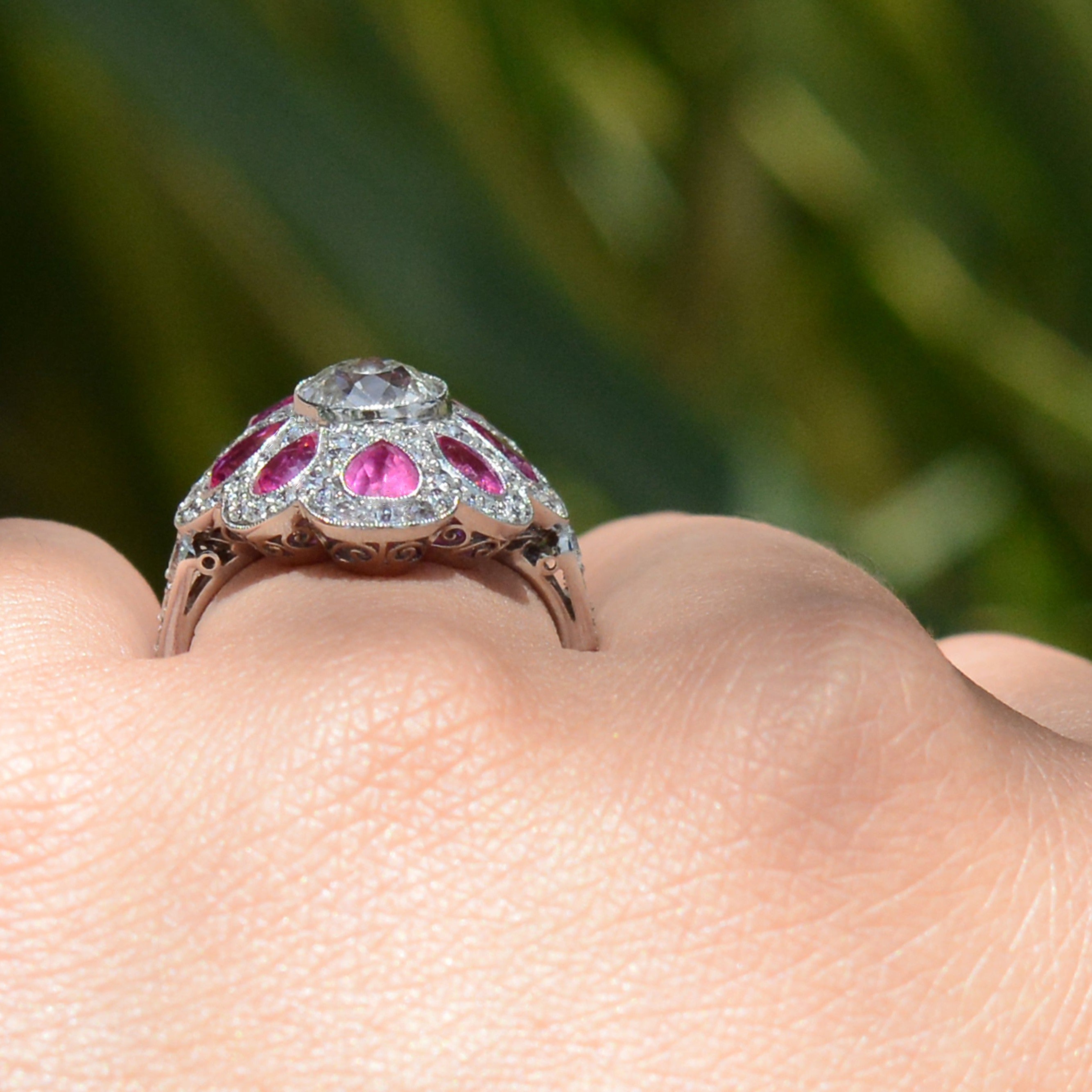 Art Deco Style 1.47 Carat Old Mine Cut Diamond Pink Sapphire Cocktail Ring