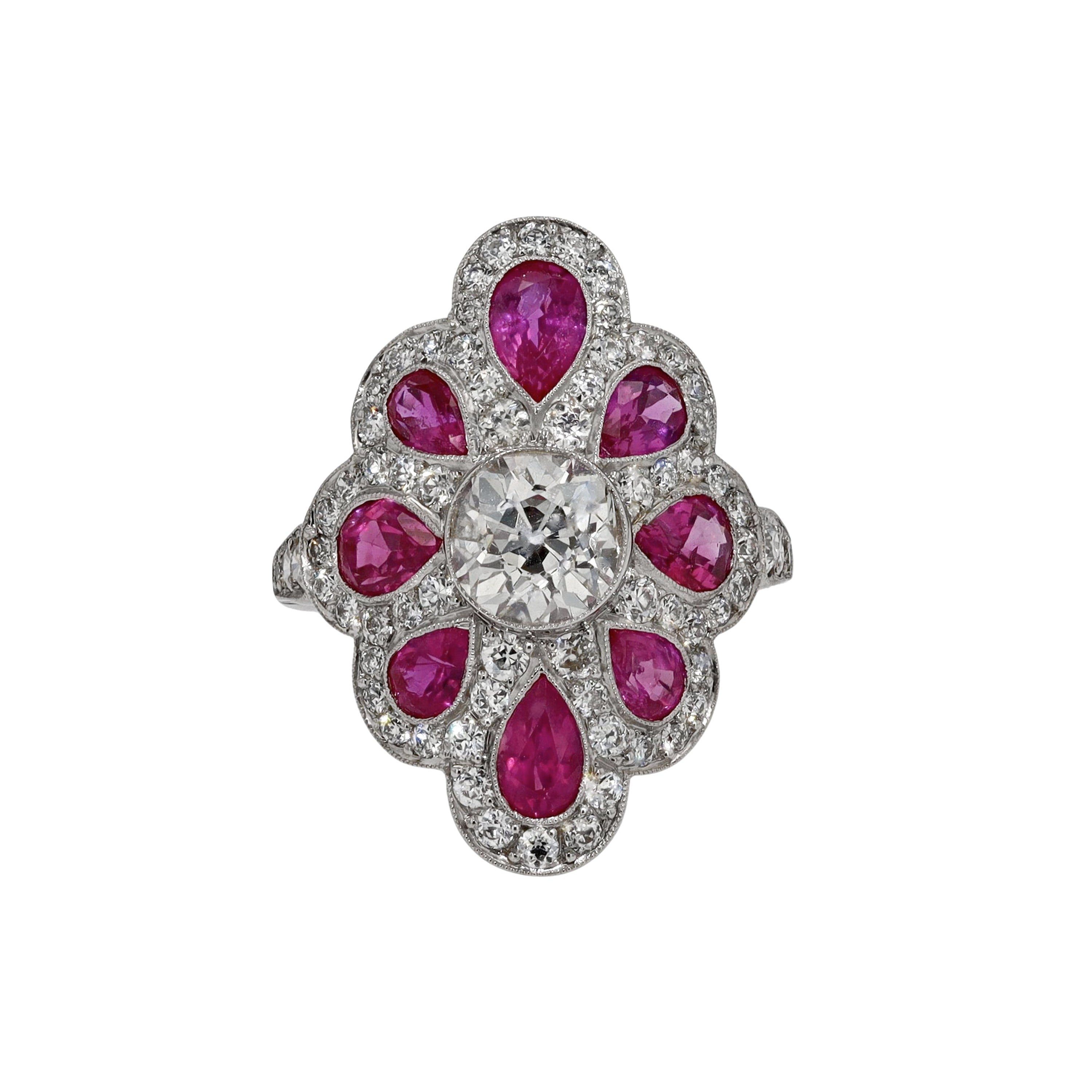 Art Deco Style 1.47 Carat Old Mine Cut Diamond Pink Sapphire Cocktail Ring