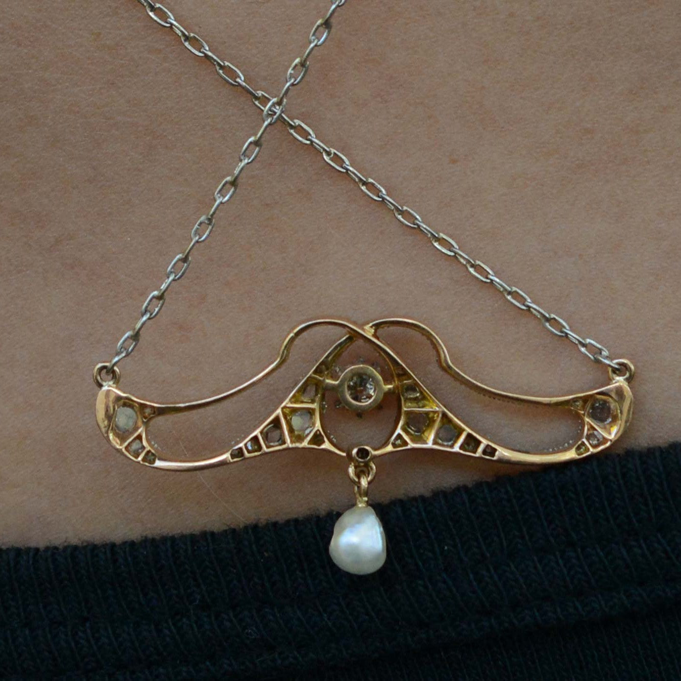 Art Nouveau Antique Diamond and Pearl Lavaliere Necklace