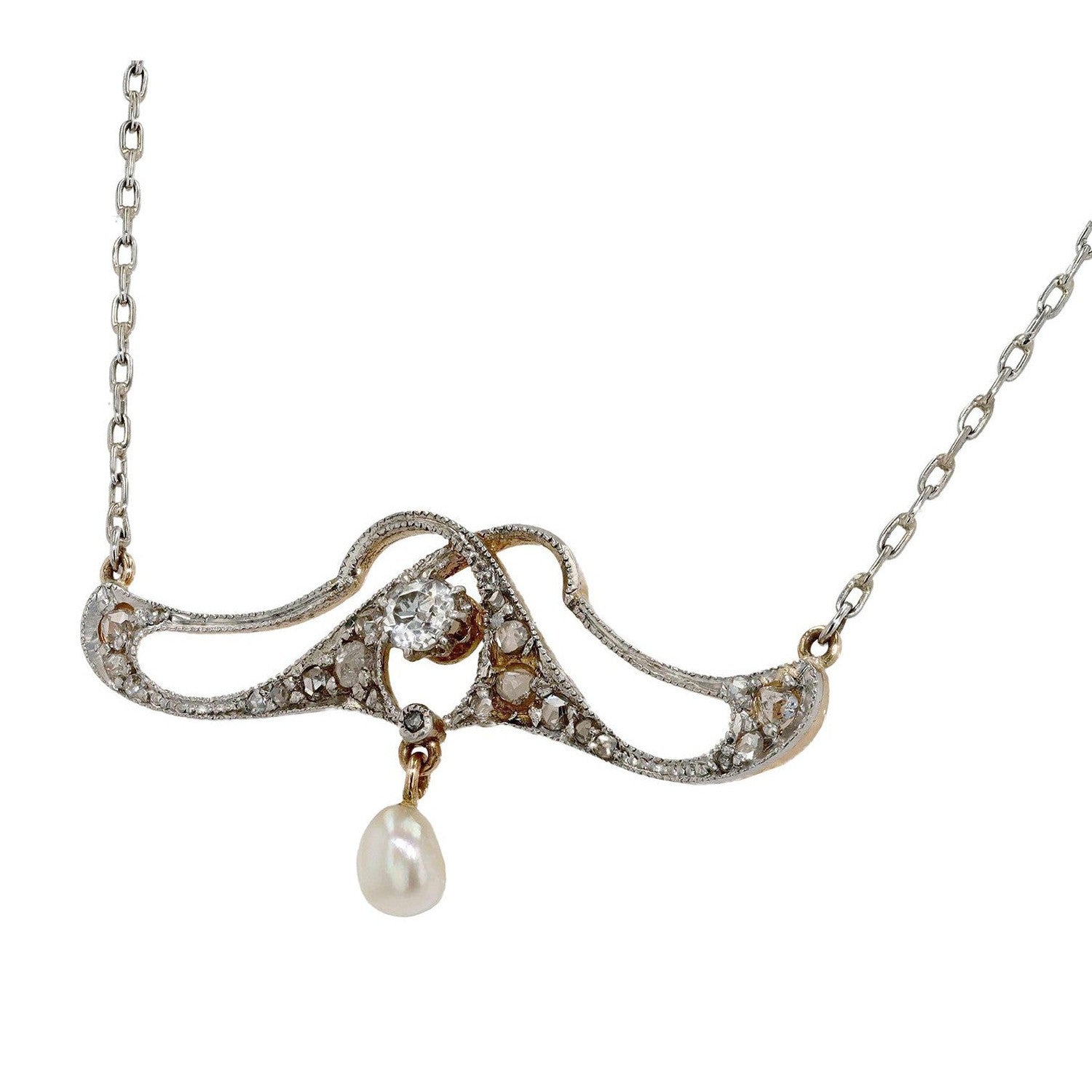 Art Nouveau Antique Diamond and Pearl Lavaliere Necklace