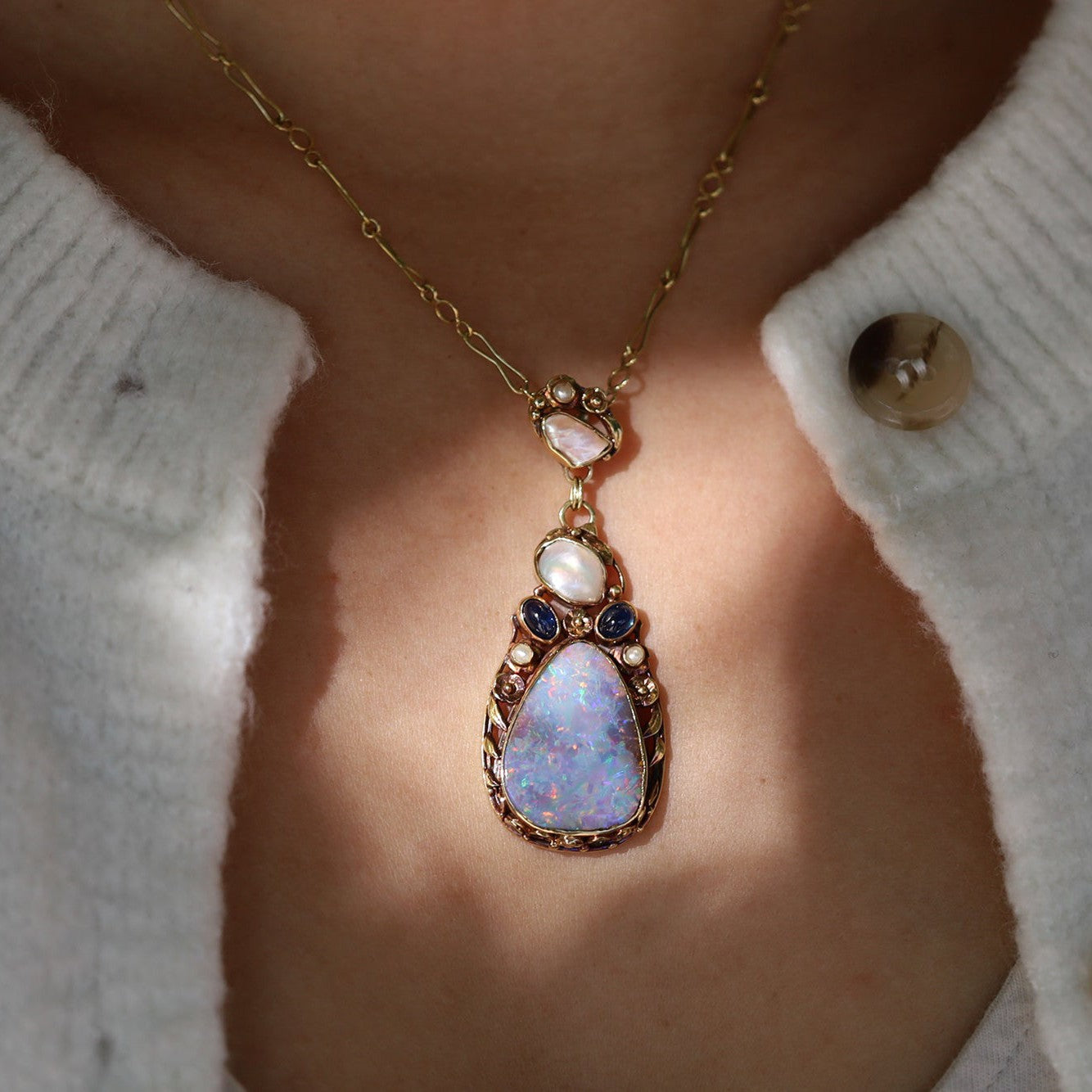 Art Nouveau Boulder Opal, Pearl & Sapphire Necklace