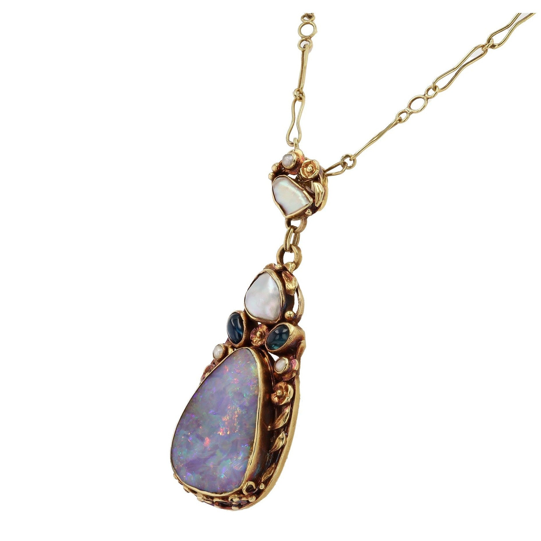 Art Nouveau Boulder Opal, Pearl & Sapphire Necklace