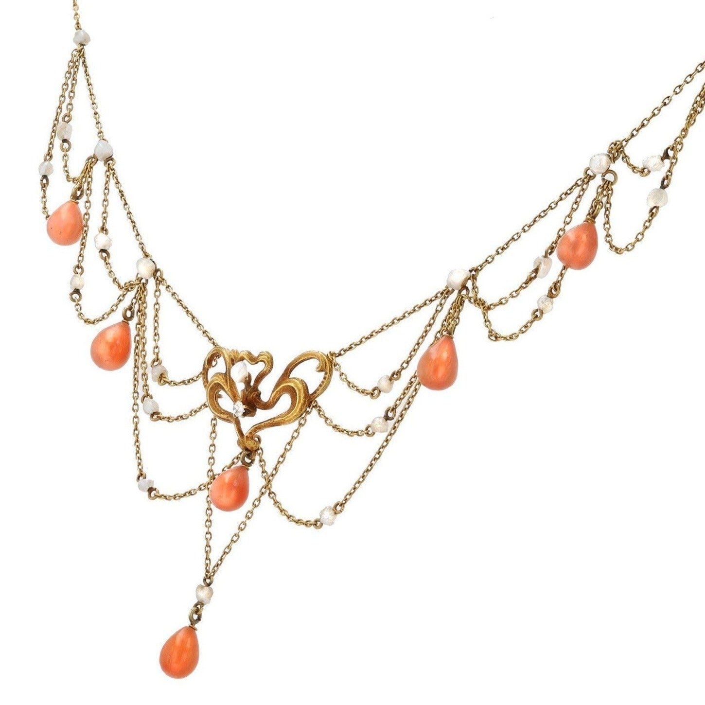 Art Nouveau Coral and Seed Pearl Bib Necklace