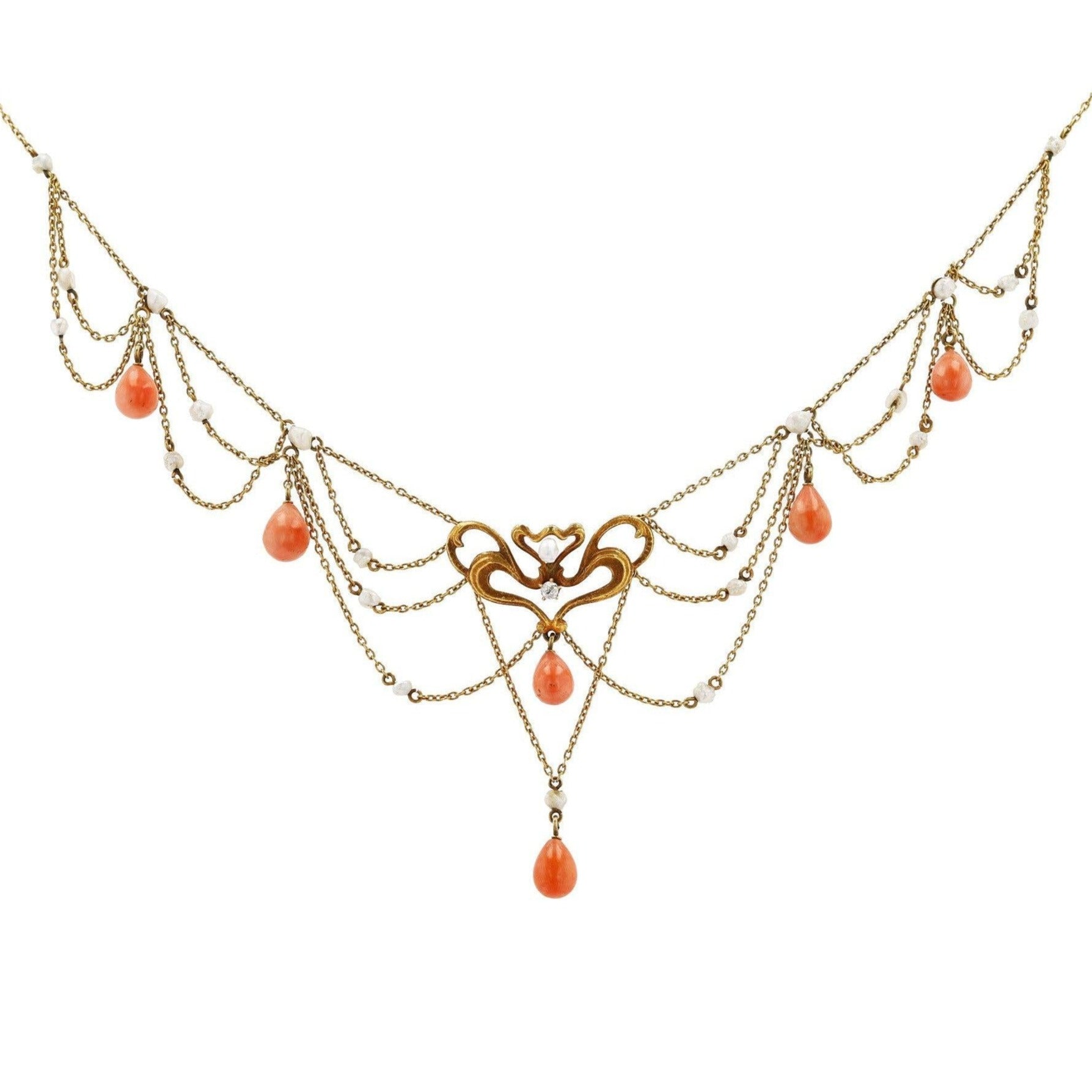 Art Nouveau Coral and Seed Pearl Bib Necklace