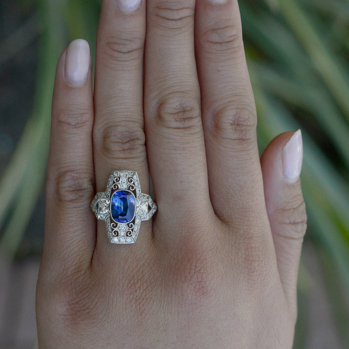 Belle Epoque Style Sapphire & Diamond Long Filigree Ring