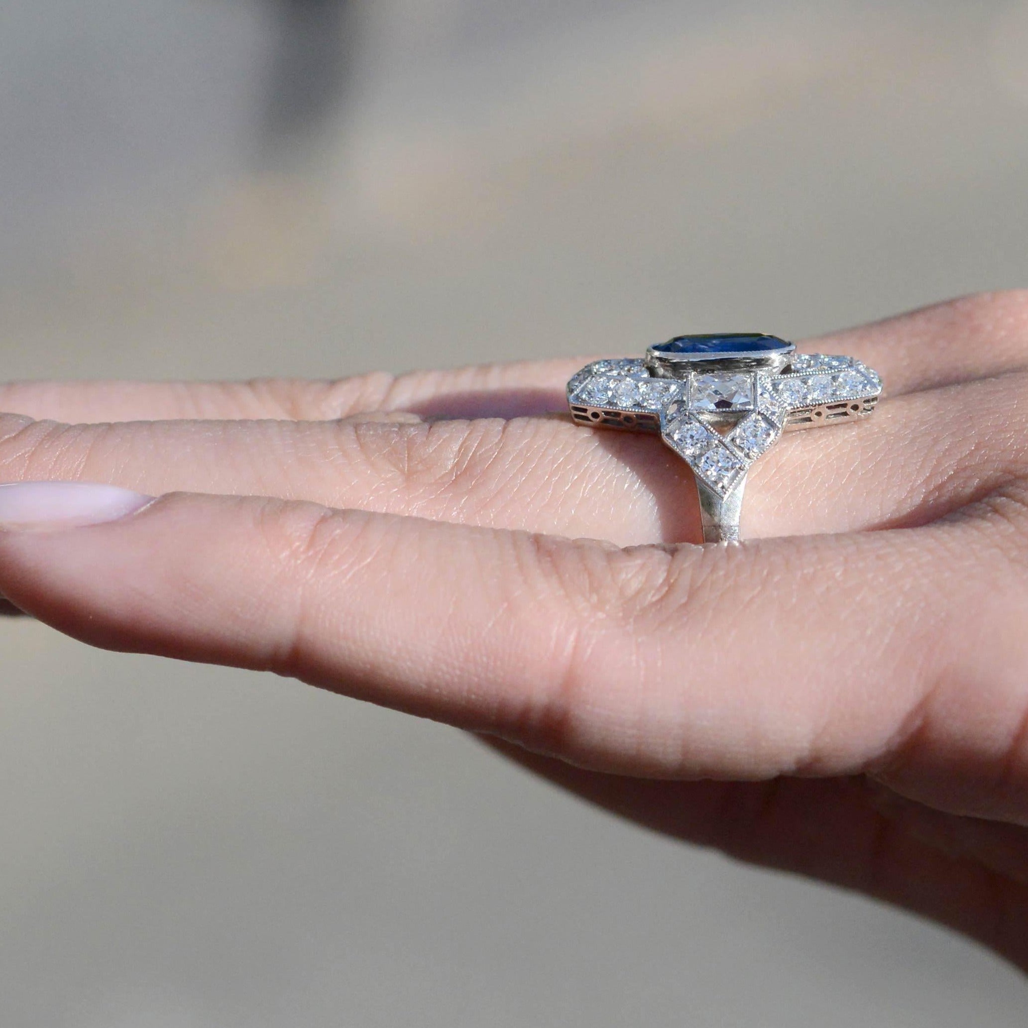 Belle Epoque Style Sapphire & Diamond Long Filigree Ring