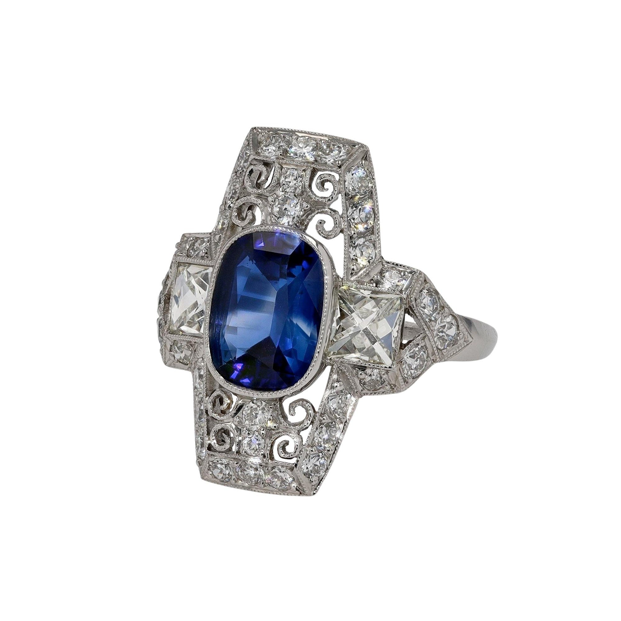 Belle Epoque Style Sapphire & Diamond Long Filigree Ring