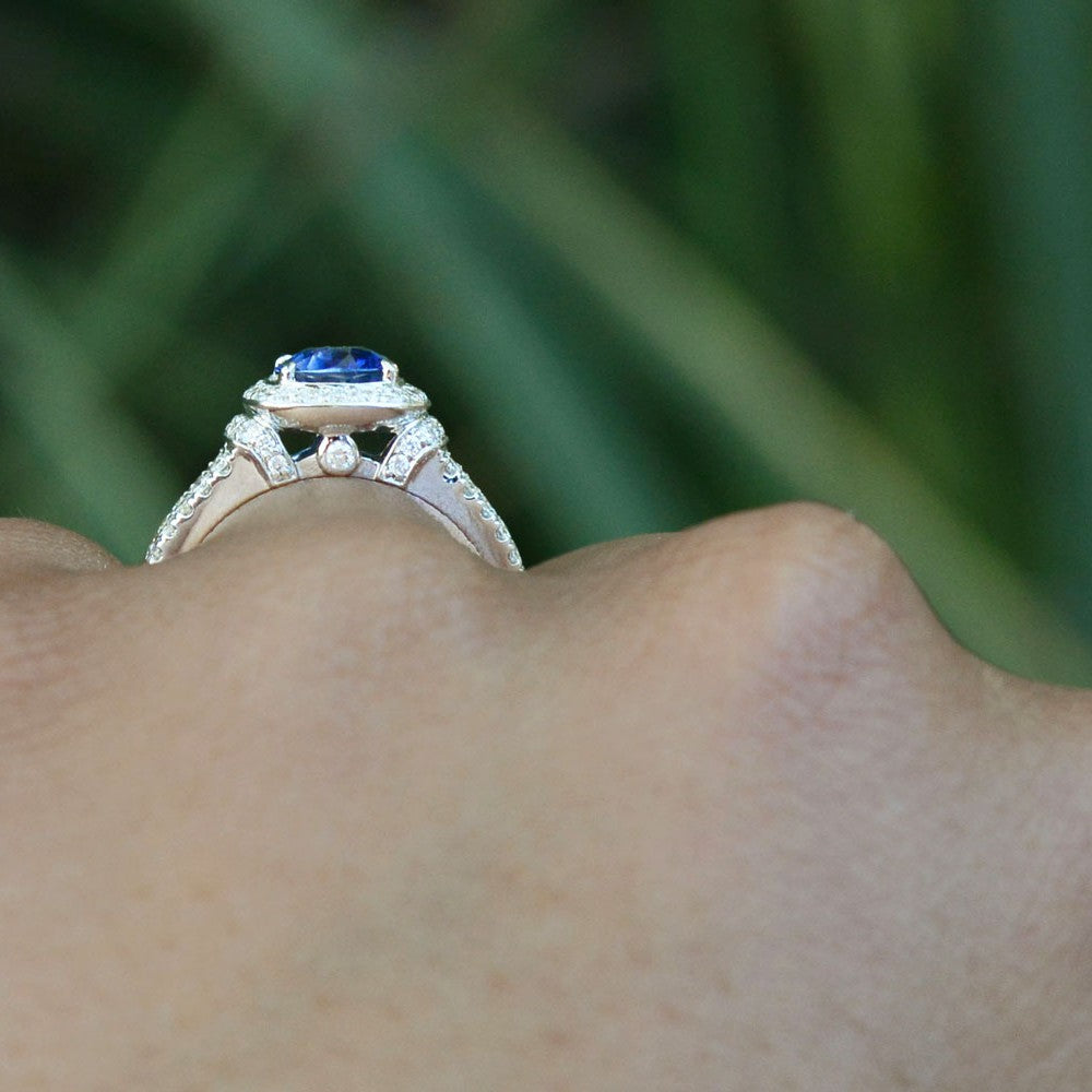 Contemporary Halo Diamond V Band Sapphire Engagement Ring