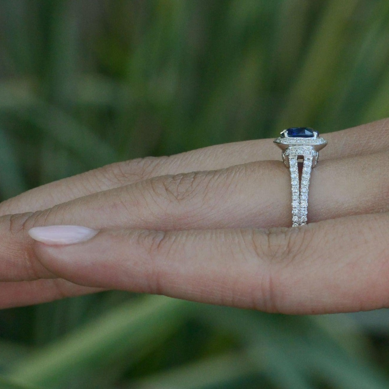 Contemporary Halo Diamond V Band Sapphire Engagement Ring