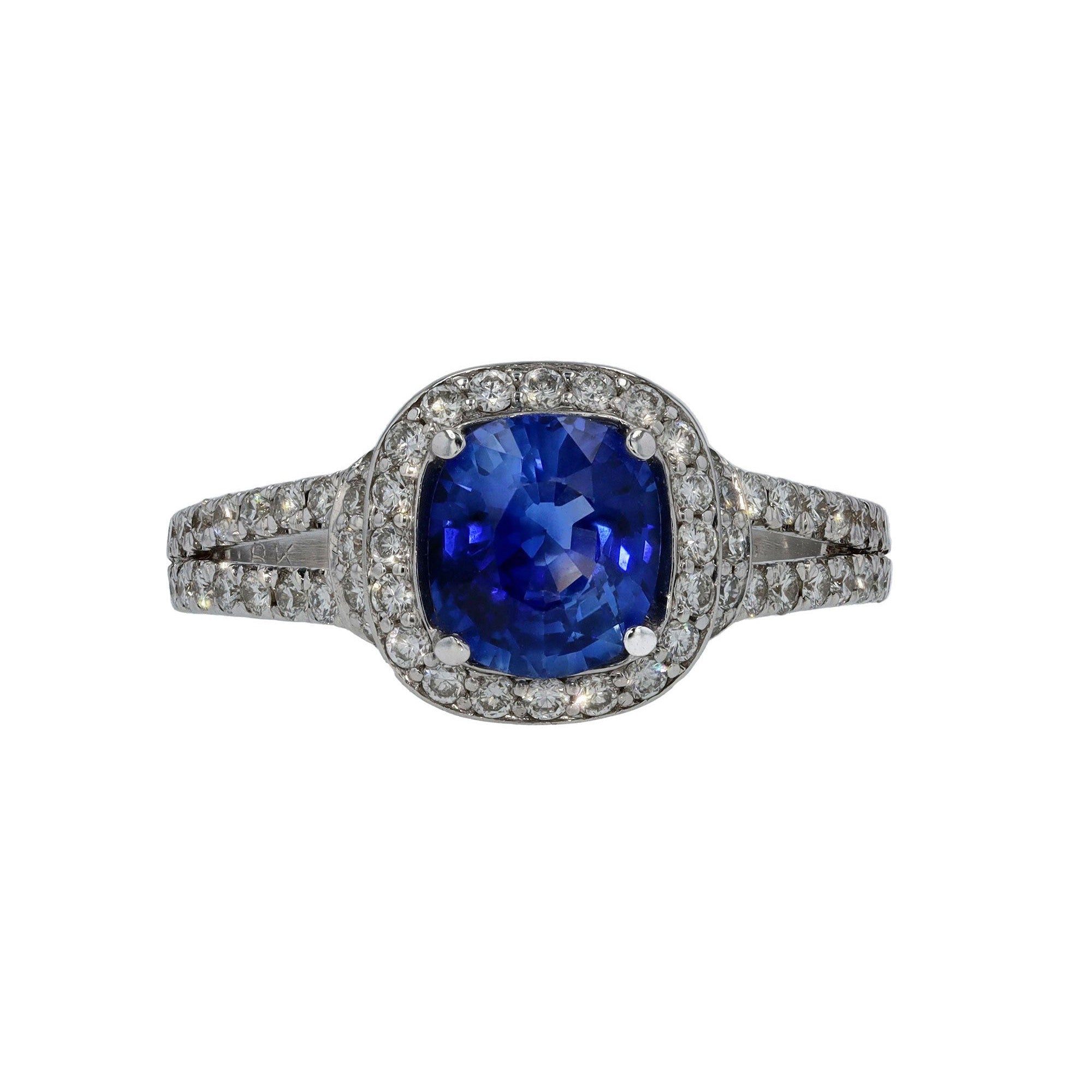 Contemporary Halo Diamond V Band Sapphire Engagement Ring