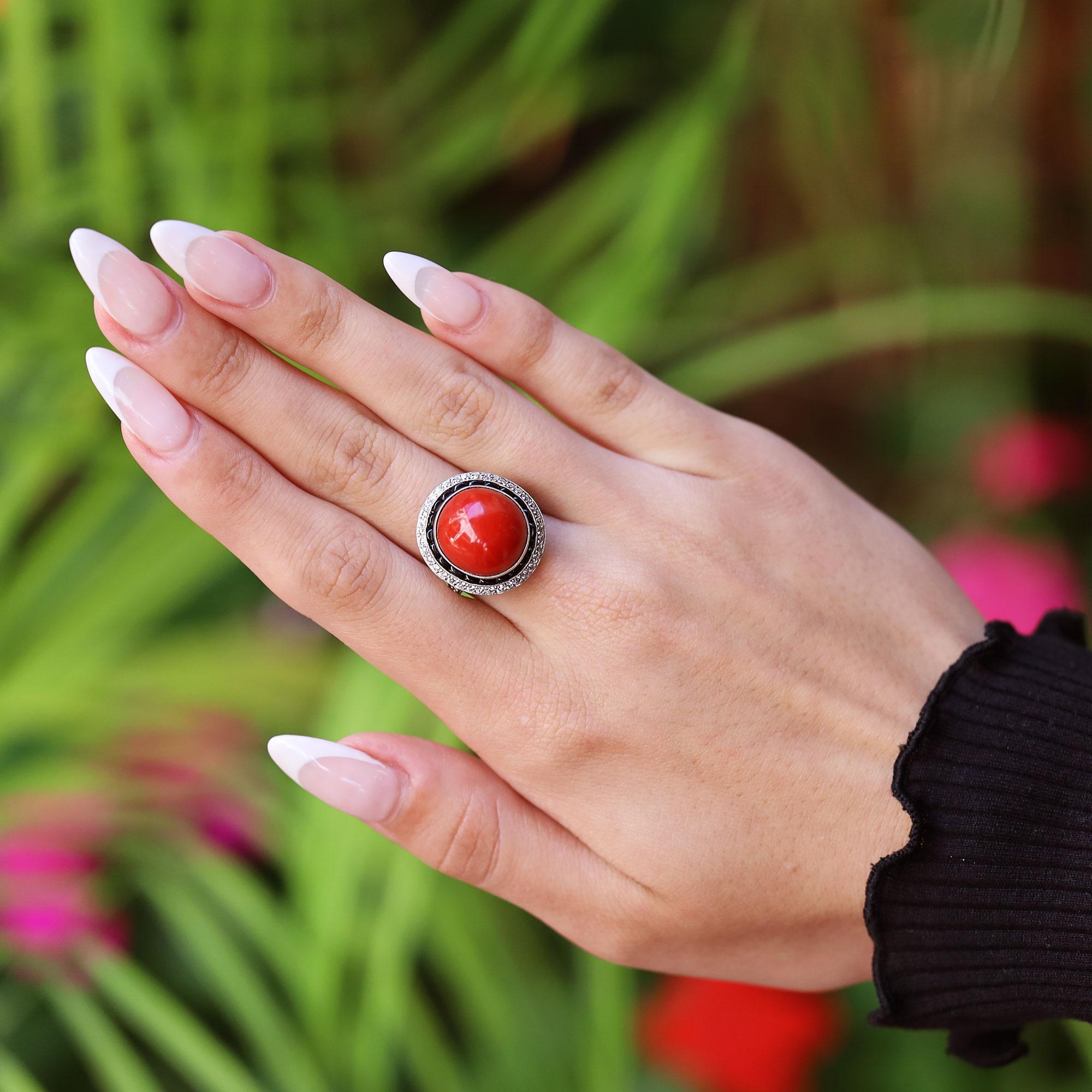 Art Deco Revival Red Coral Diamond & Onyx Cocktail Ring