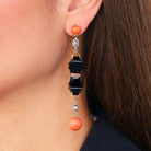 Victorian Coral, Onyx & Diamond 18k Yellow Gold Drop Earrings