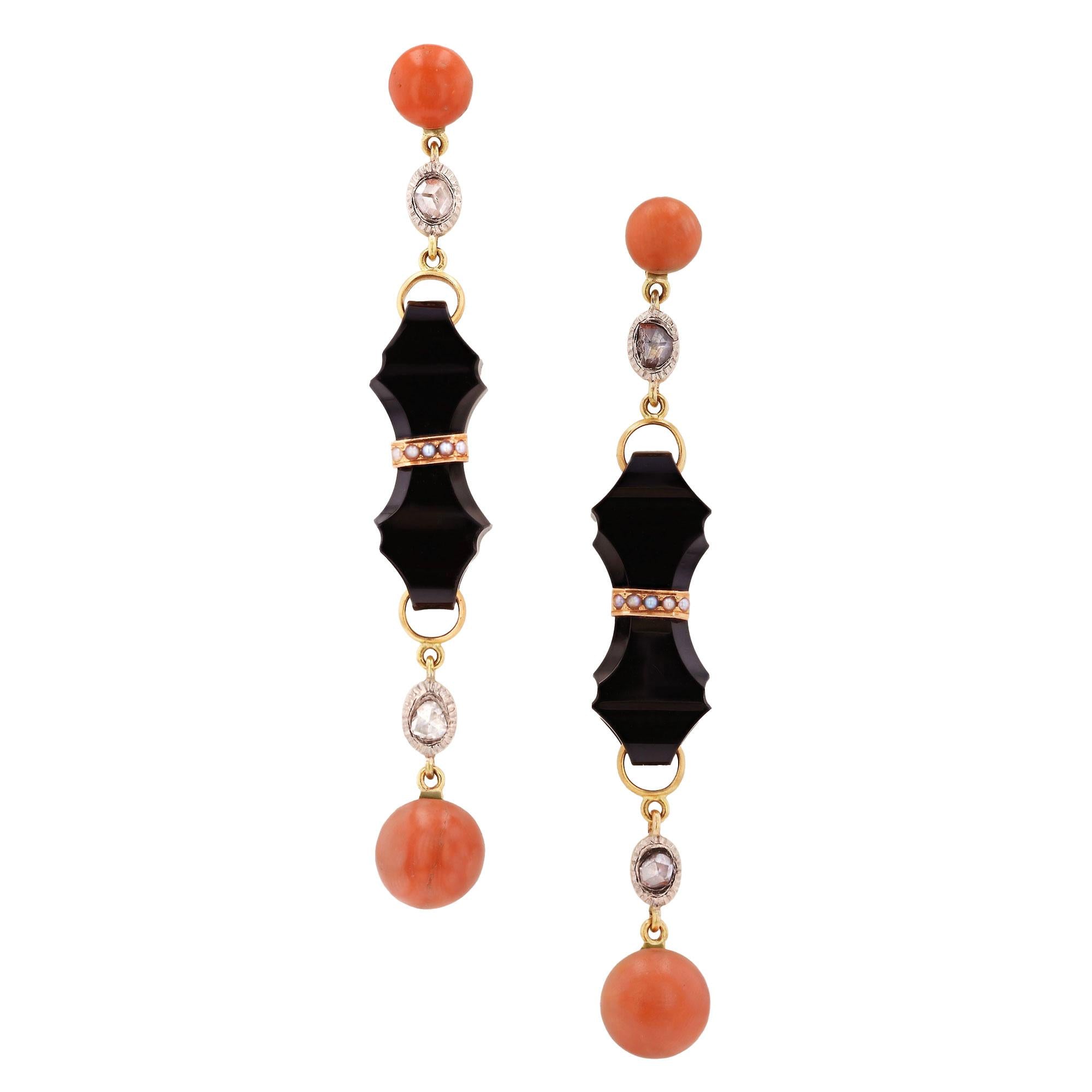 Victorian Coral, Onyx & Diamond 18k Yellow Gold Drop Earrings